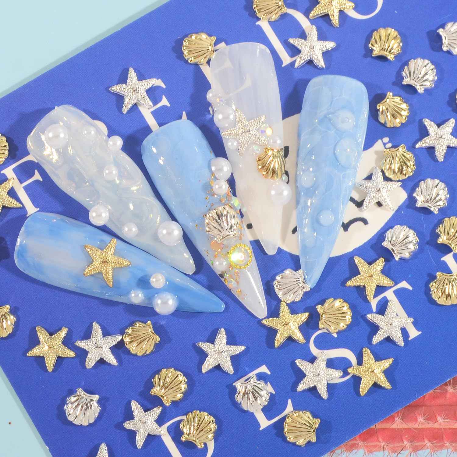 WEILUSI 100PCS Gold Silver Nail Art Charms Ocean Theme Shell Starfish Studs Decals Rivets, Alloy 3D Sea Shell Star Metal Nail Jewelry Supplies for DIY Manicure Decoration