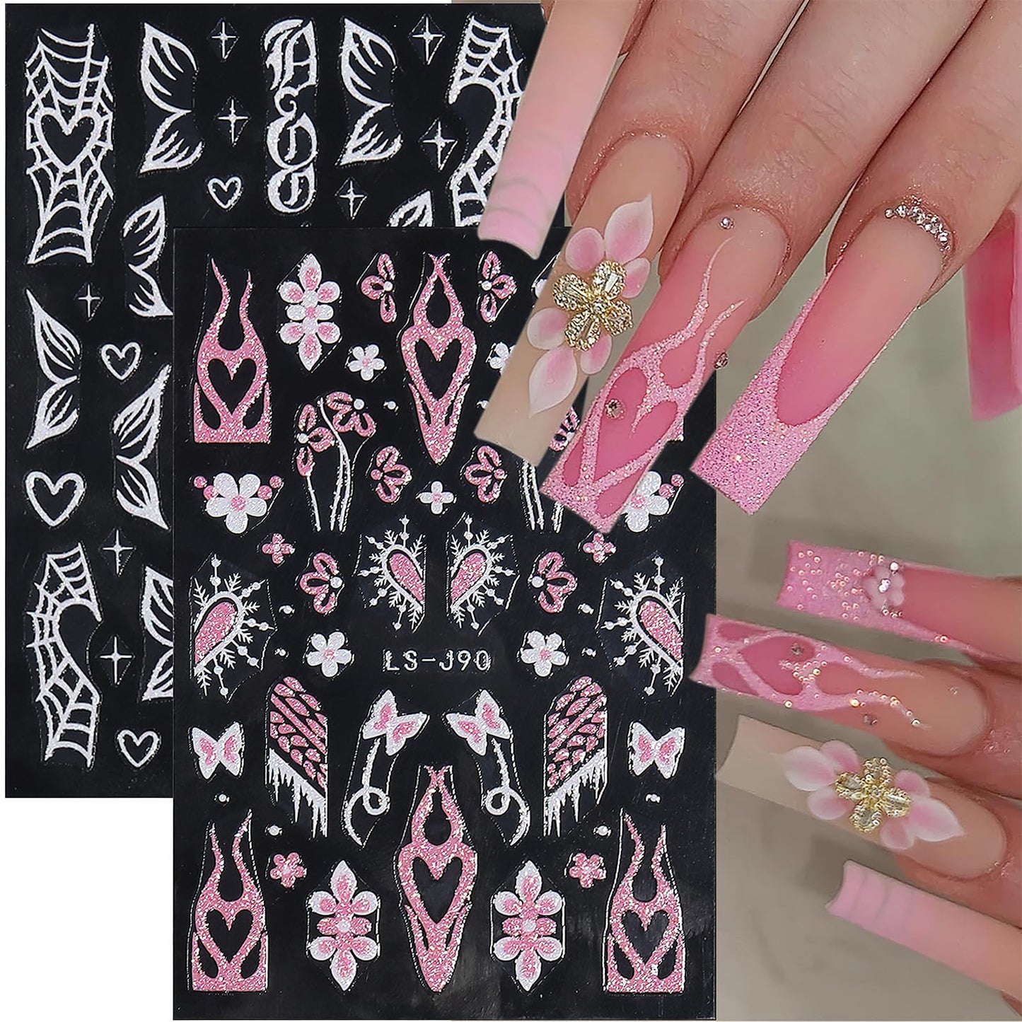 Mkwntg Pink Glitter Flame Butterfly Nail Art Stickers Glitter French Tip Nail Decals 3D Self-Adhesive Glitters Pink Luxury Heart Stars Nail Design Spider Web Nail Art Supplies for Women Girls 6 Sheets