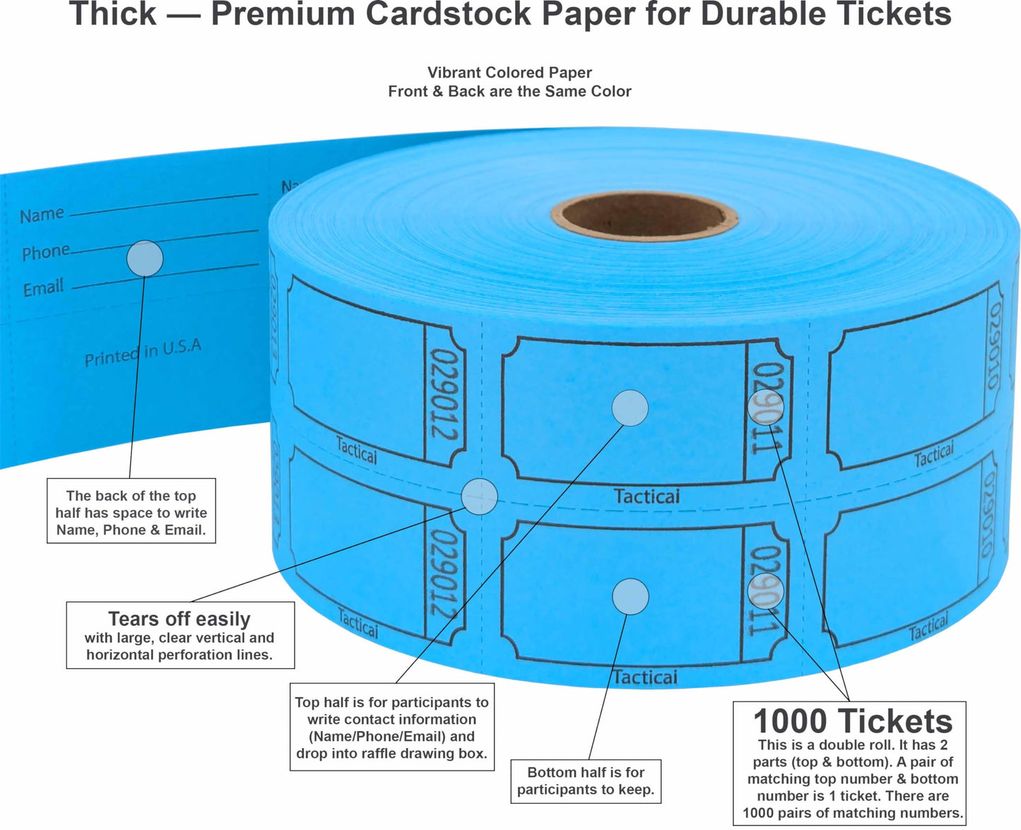 Tacticai 1000 Raffle Tickets, Blank, Blue (8 Color Selection), Double Roll for Events, Entry, Class Reward, Fundraiser & Prizes