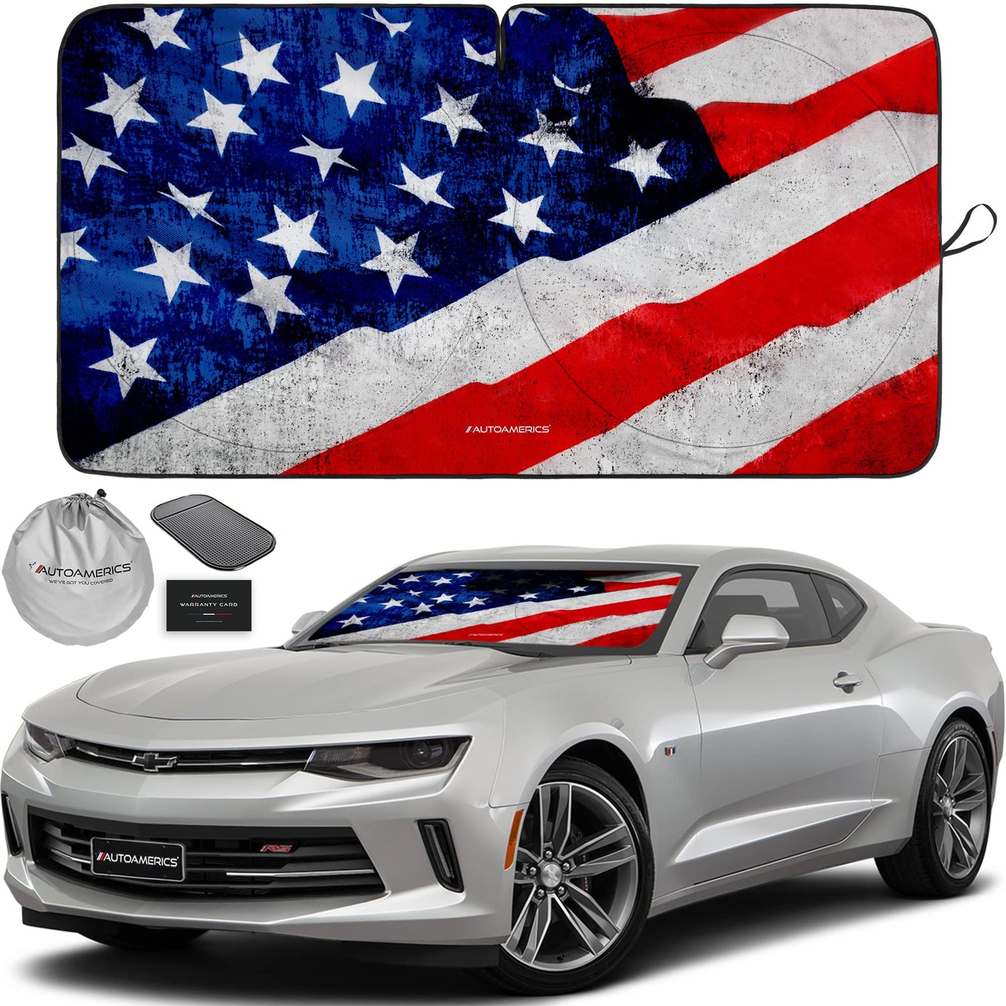 Autoamerics 1-Piece Windshield Sun Shade Grunge American Flag - 4 USA Design - Foldable Car Front Window Sunshade for Most Sedans SUV Truck - Blocks Max UV Rays and Keeps Your Vehicle Cool - Small