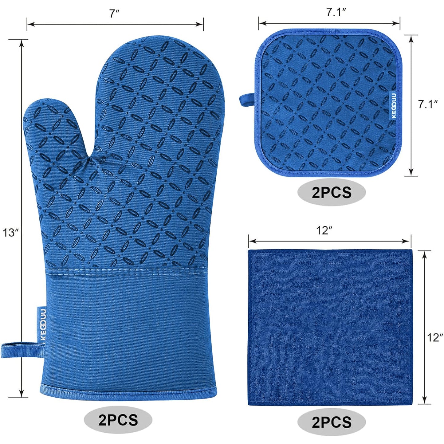 KEGOUU Oven Mitts and Pot Holders 6pcs Set, Kitchen Oven Glove High Heat Resistant 500 Degree Extra Long Oven Mitts and Potholder with Non-Slip Silicone Surface for Cooking (Royal Blue)