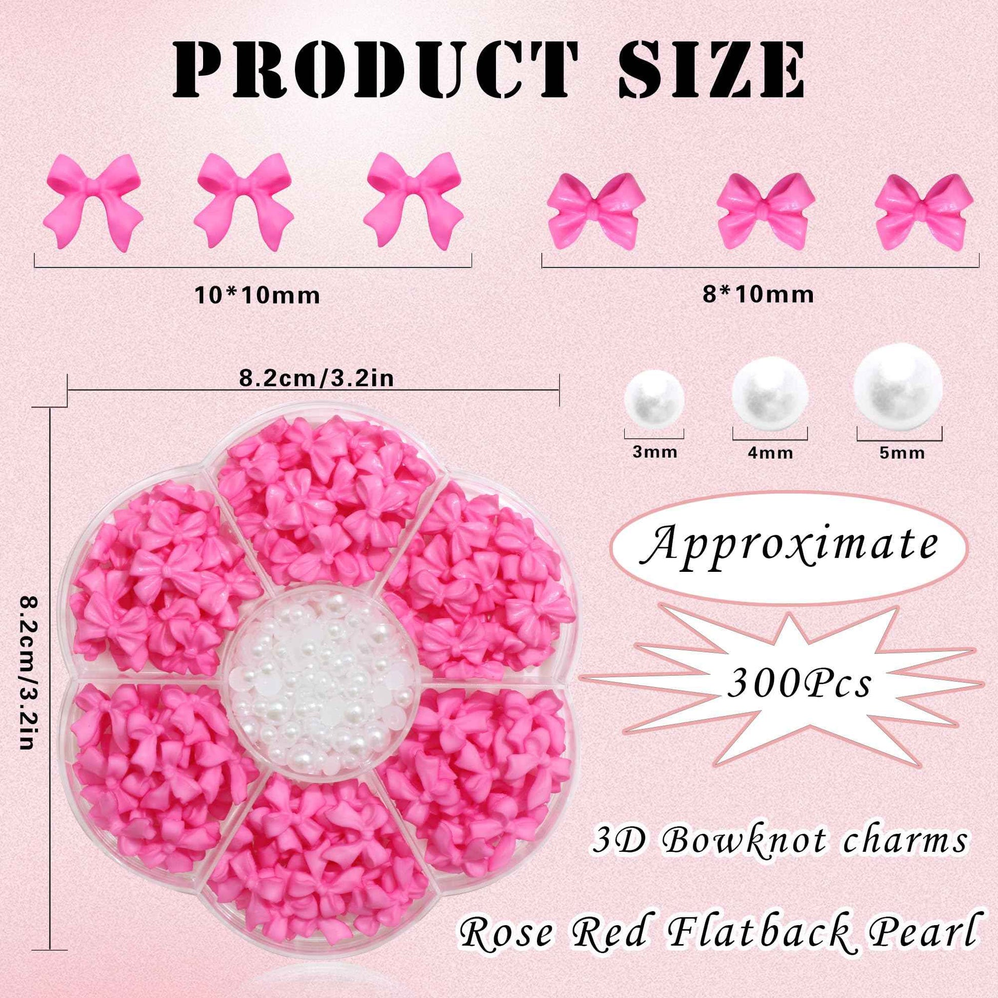 300Pcs Bow Nail Charms and Flatback Pearls,Rose Red Bowknot 3D Cute Nail Charms for Acrylic Nail Supplies Design,3-5mm White Half Pearls for Nail Jewelry DIY Crafts Nail Art Decoration Accessories
