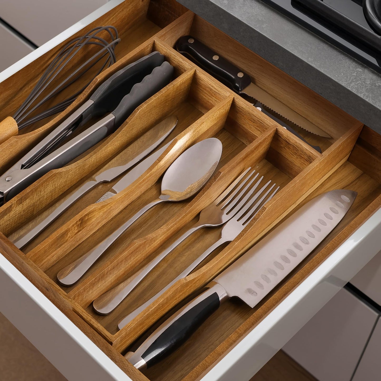 oridom Expandable Acacia Kitchen Drawer Organizer for Cutlery and Utensils, Adjustable Acacia Wood Cutlery Tray in Drawer for Flatware and Silverware in Kitchen, (Acacia)