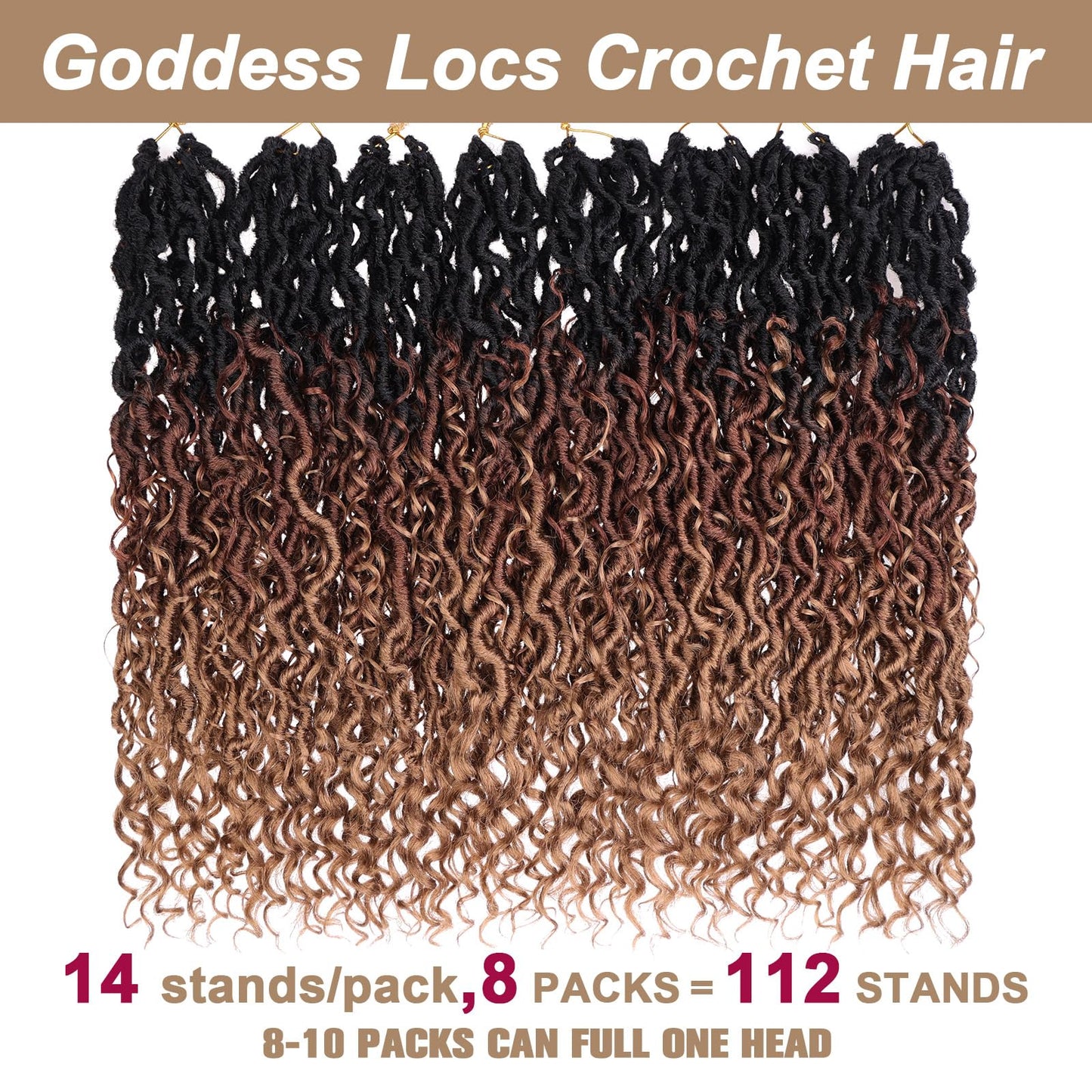 COOKOO 18 Inch New Goddess Locs Crochet Hair 8 Packs Ombre 3 Tones Wavy Faux Locs Synthetic Hair with Curls Pre Looped Curly Crochet Locs for Black Women Boho Hippie Locs Hair Extensions 1B/30/27#