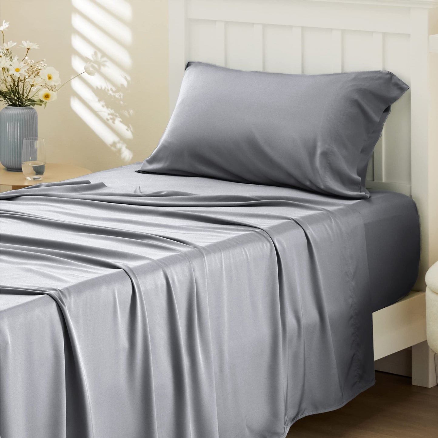 Bedsure Twin Sheets Set, Cooling Sheets Twin Size Bed Set, Rayon Derived from Bamboo, Twin Size Sheets, Breathable & Soft Bed Sheets, Hotel Luxury Silky Bedding Sheets & Pillowcases, Silver Grey