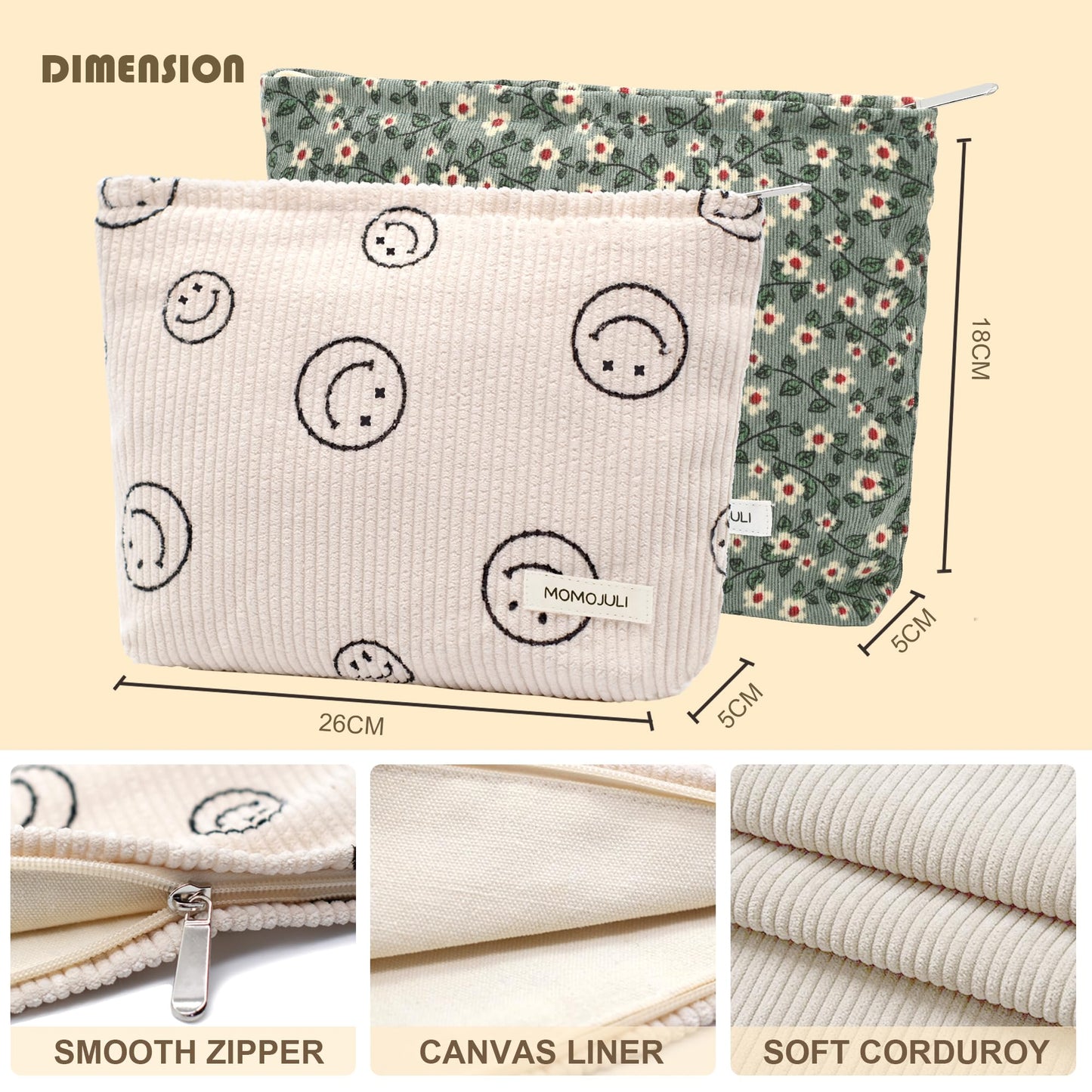 MOMOJULI Corduroy Makeup Bag Cosmestic Bag Large Capacity Ladies Women Aesthetic Make Up Organizer Accessories Zipper Pouch Purse （Beige+Green Flowers）