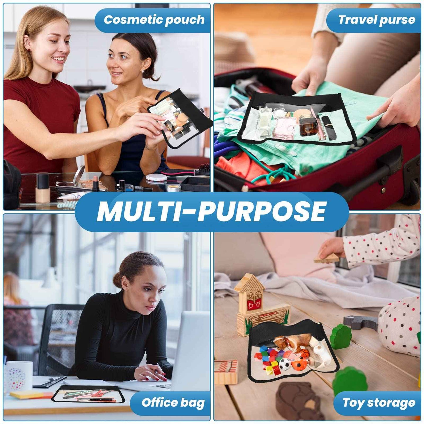 Teling 8 Pieces Clear Makeup Bags DIY Chenille Letter Pouch Clear Zipper Pouches Travel PVC Oxford Cloth Cosmetic Portable Waterproof Makeup Storage Bag Toiletry Snack Organizer for Women Girls, Black