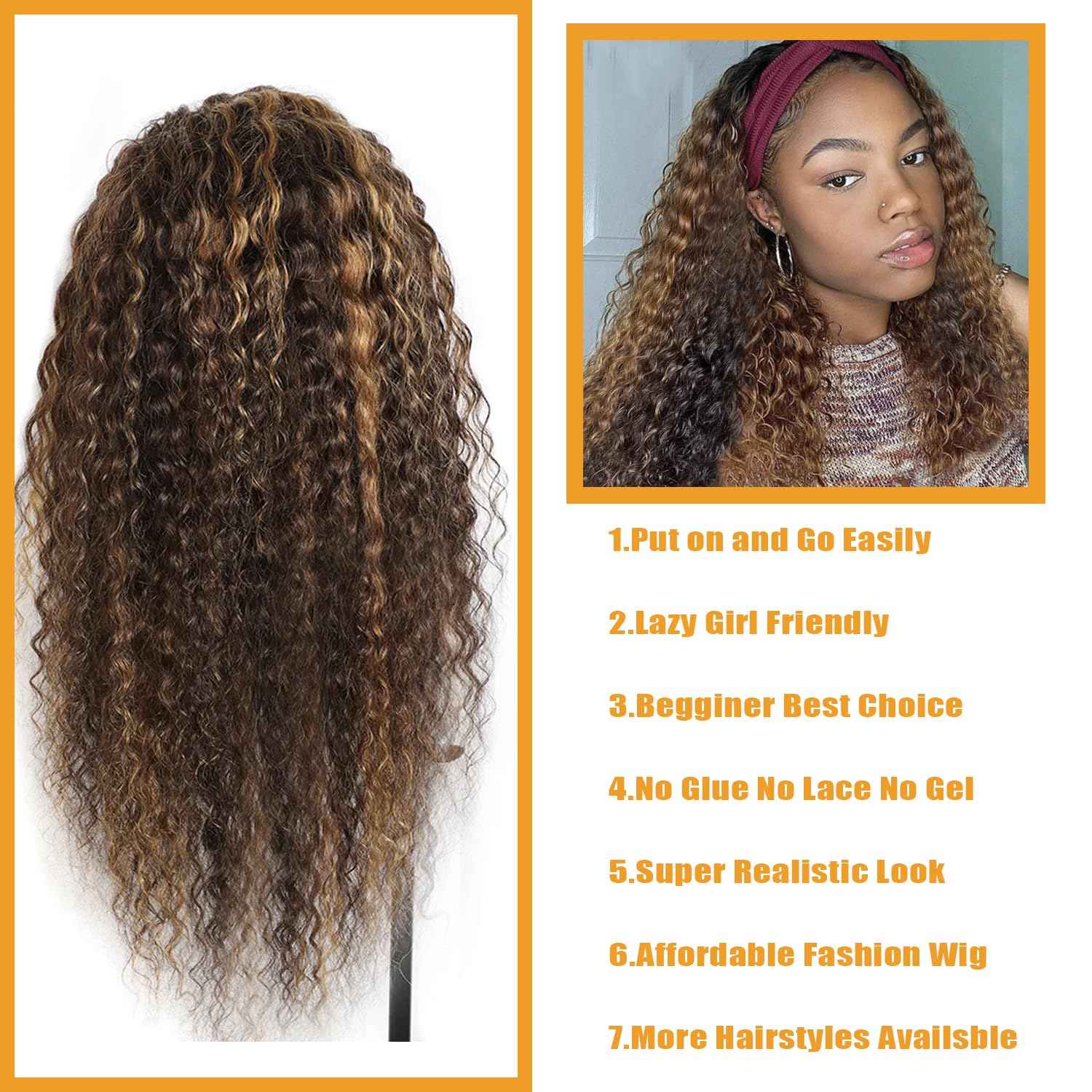 Brazilian Human Hair Headband Wig - Deep Wave, Highlight, Curly, Glueless (14 inch, 4/27 Highlight)