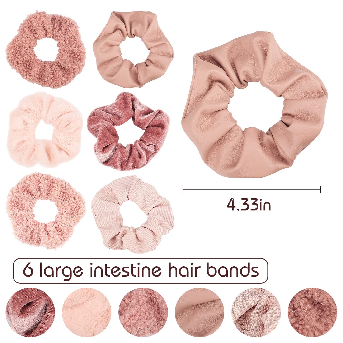 Scrunchies for Women Girls 6Pcs Large Velvet Scrunchies for Long Thick Hair Ultra Textured Soft Cotton Scrunchy Hair Ties Pink Hair Bands No Damage Ropes Ponytail Holders Bulk Cute Hair Accessories