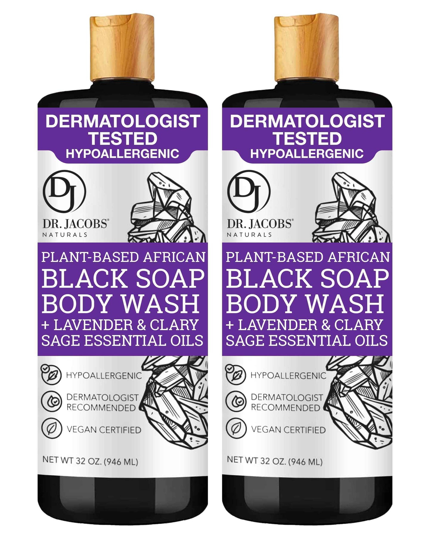 Dr Jacobs Naturals Authentic African Black Liquid Soap with Lavender & Sage Scent All-In-One Face Wash, Sensitive Skin Body Wash, Shampoo, Shaving Soap | Moisturizing and Nourishing Formula 32oz 2pk