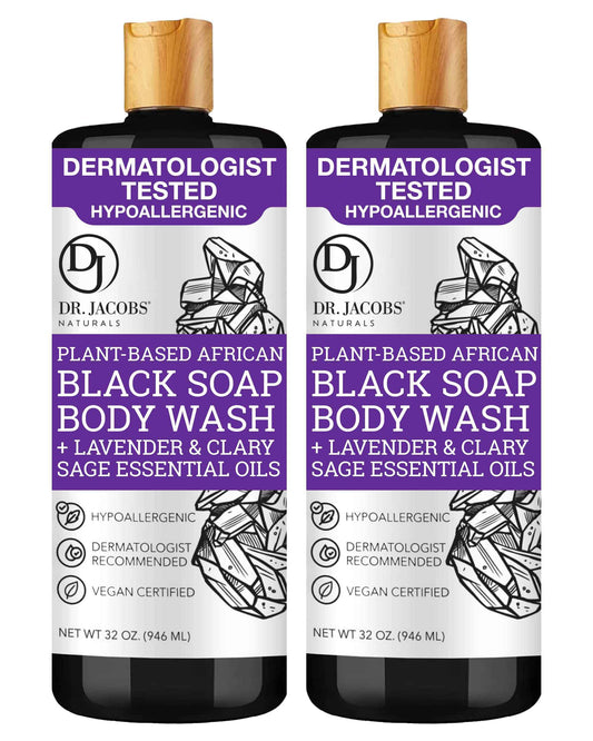 Dr Jacobs Naturals Authentic African Black Liquid Soap with Lavender & Sage Scent All-In-One Face Wash, Sensitive Skin Body Wash, Shampoo, Shaving Soap | Moisturizing and Nourishing Formula 32oz 2pk
