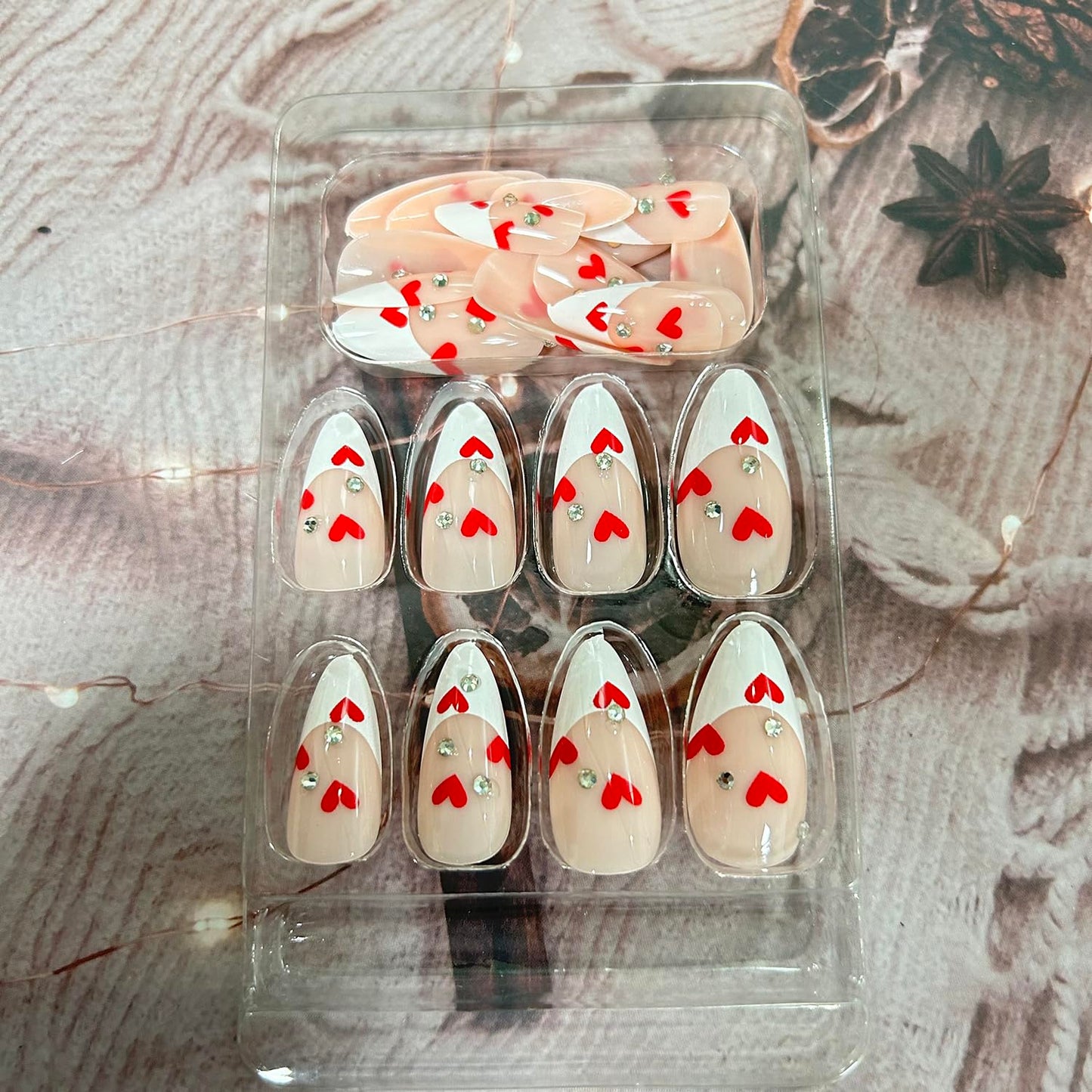 White French Tip Press on Nails Medium Almond Red Love Heart Rhinestones False Nails with Design Valentine's Day Artificial Acrylic Nails Full Cover Reusable Coffin Fake Nails Glue on Nails for Women