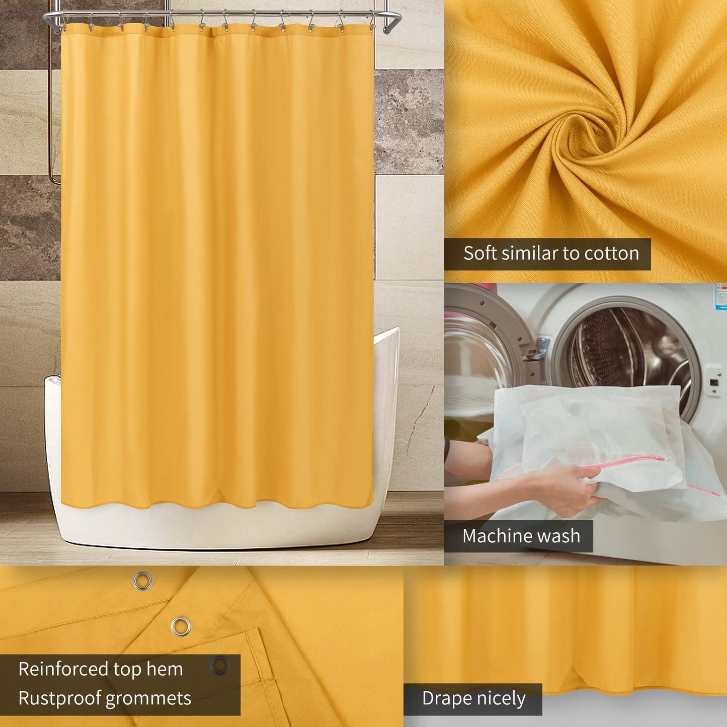 ALYVIA SPRING Yellow Shower Curtain or Liner with 3 Magnets - Soft Hotel Quality Fabric Shower Curtain for Bathroom, Light-Weight & Machine Washable - Standard Size 72x72, Mustard Yellow