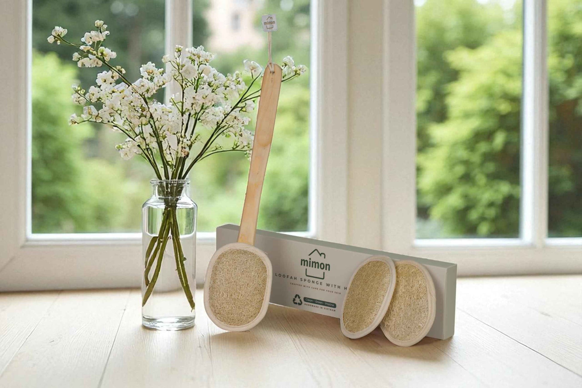 Natural Loofah, Exfoliating Body Scrubber with Handle, Biodegradable Bath Loofahs on Stick, Replaceable Pads, Chemical-Free Bath & Body Loofah for Women, Men and Kids