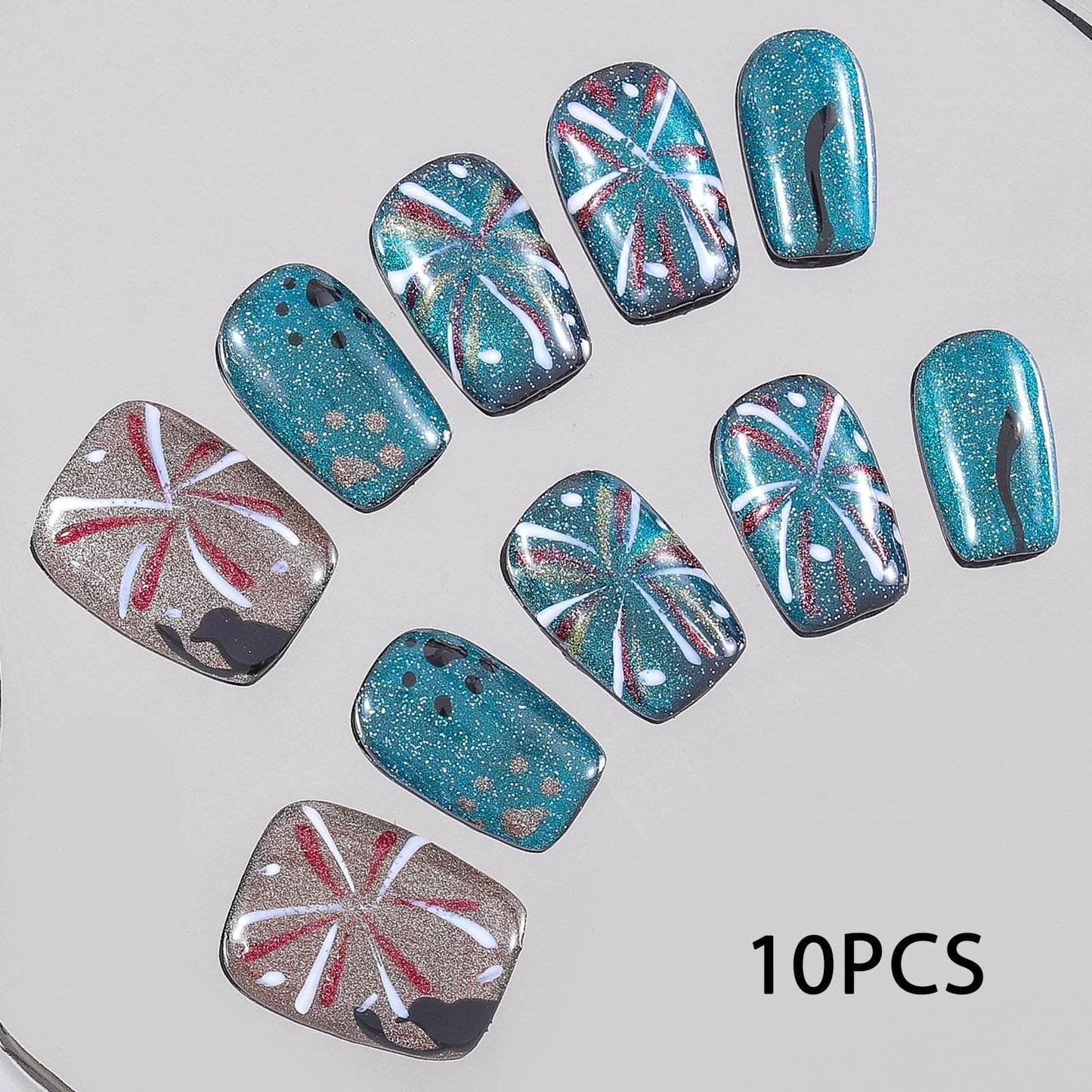 Sethexy Blue Cat Eye Handmade Press On Nails Short Coffin Acrylic False Nails with Design Glossy Hand-painted Salon Fake Nails for Women and Girls 10PCS (Blue4)