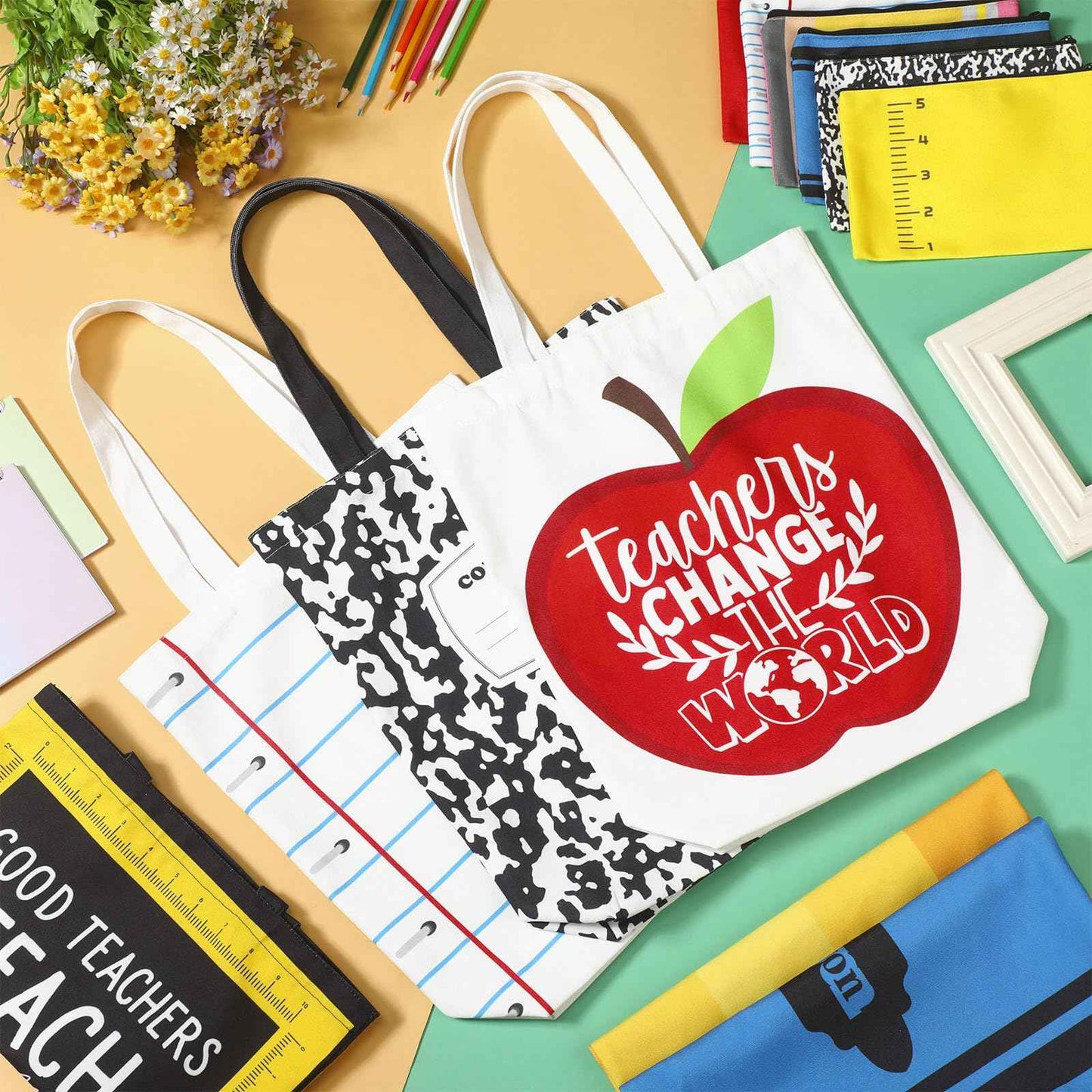 Paterr 12 Pcs Christmas Teacher Appreciation Gift Bulk 6 Canvas Tote Bag and 6 Makeup Bag Thank You End of Year Teacher Gifts Stocking Stuffer for Women Employee Coworker Office Supplies