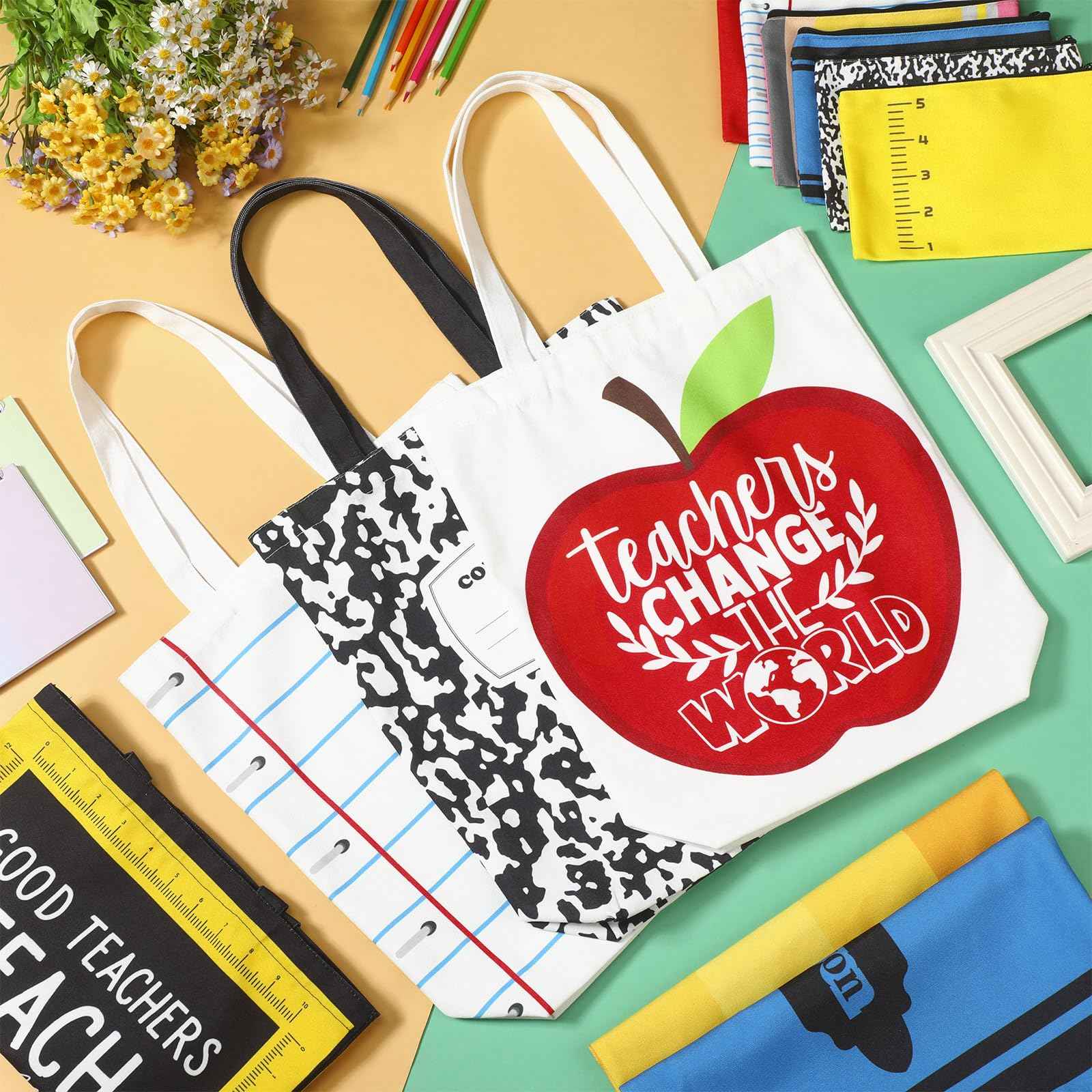 Paterr 12 Pcs Christmas Teacher Appreciation Gift Bulk 6 Canvas Tote Bag and 6 Makeup Bag Thank You End of Year Teacher Gifts Stocking Stuffer for Women Employee Coworker Office Supplies