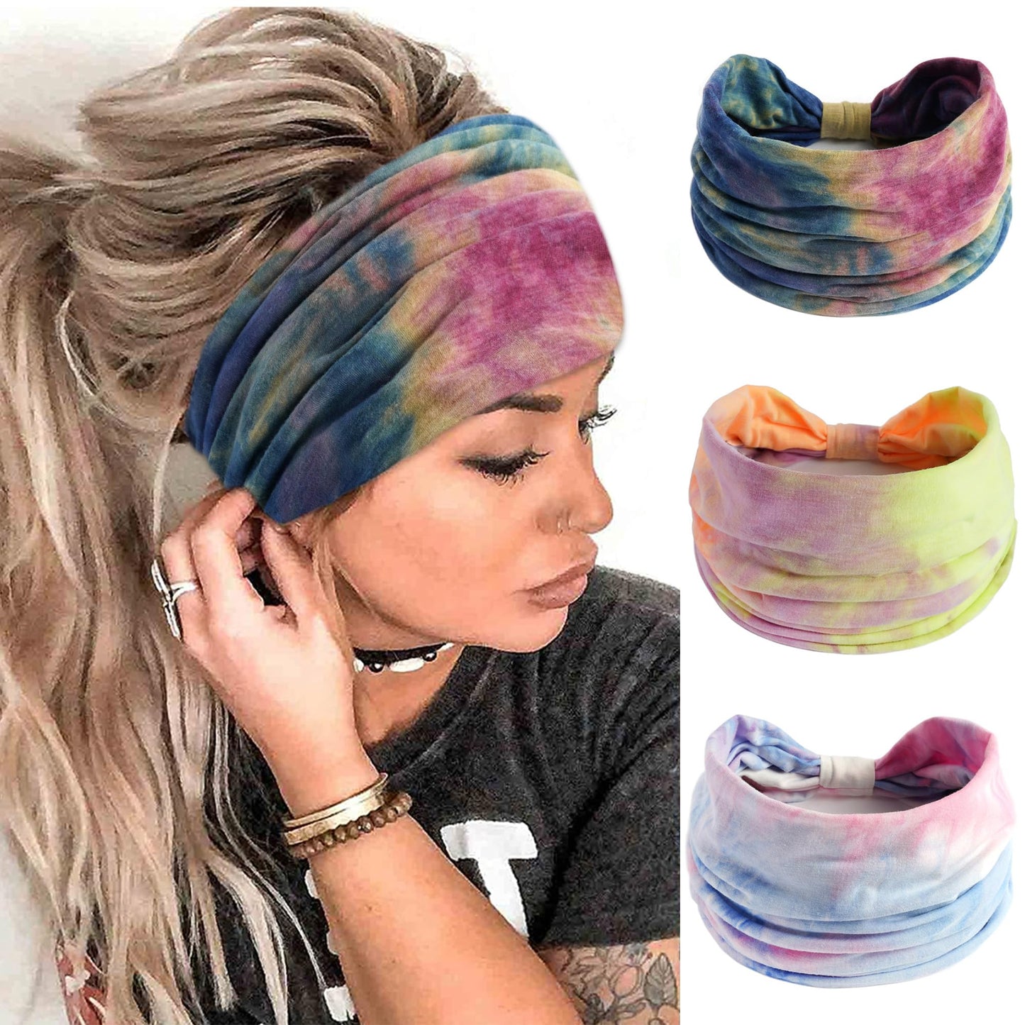 FULZTEY Wide Headbands for Women Cute Boho Hairbands Tie Dye Headwraps Elastic Workout Yoga Sweat Band Non Slip Bandanas Knot Turban Fashion Head Bands for Women's Hair Accessories Teenage Girls 3Pcs