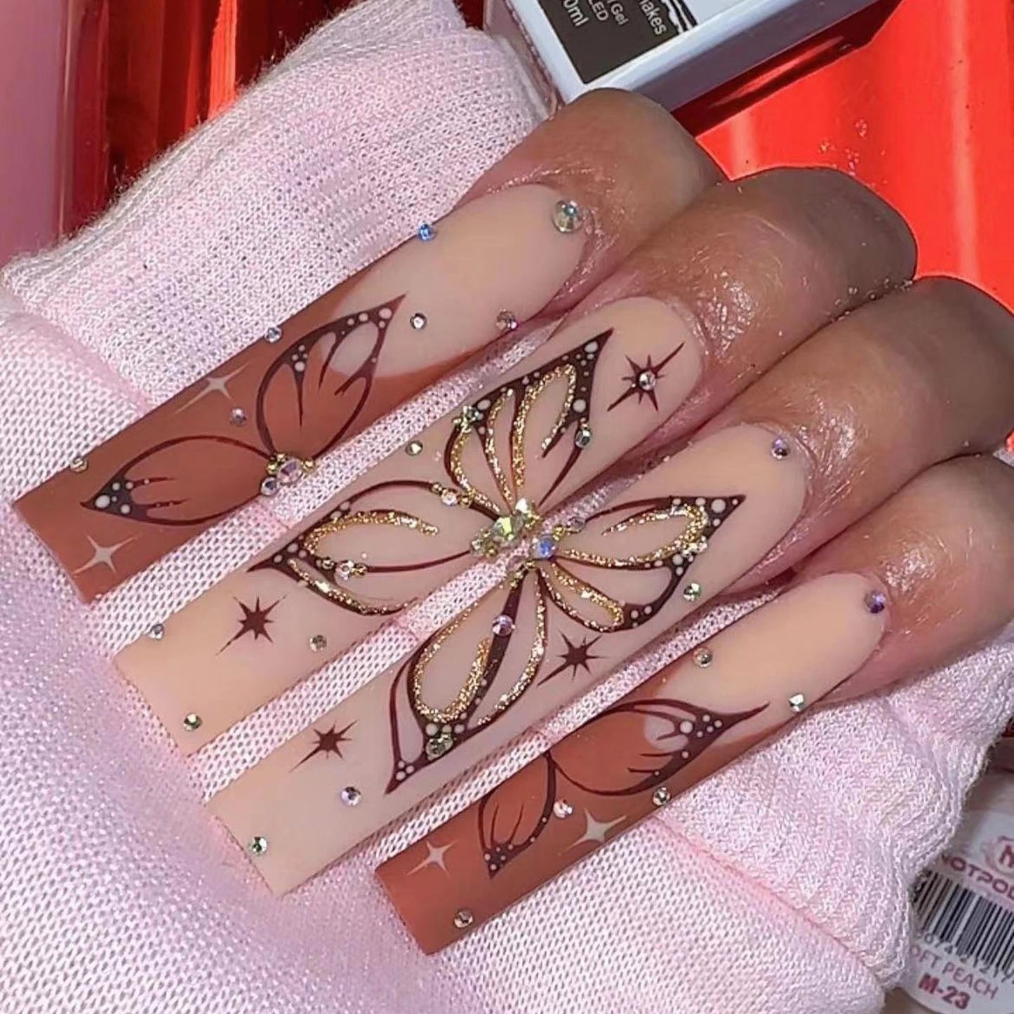 BABALAL French Tip Press on Nails Long Square Fake Nails Brown Glue on Nails Butterfly Design Rhinestone Shiny Y2k Acrylic Nails 24Pcs Squoval Manicure False Nails for Women and Girls