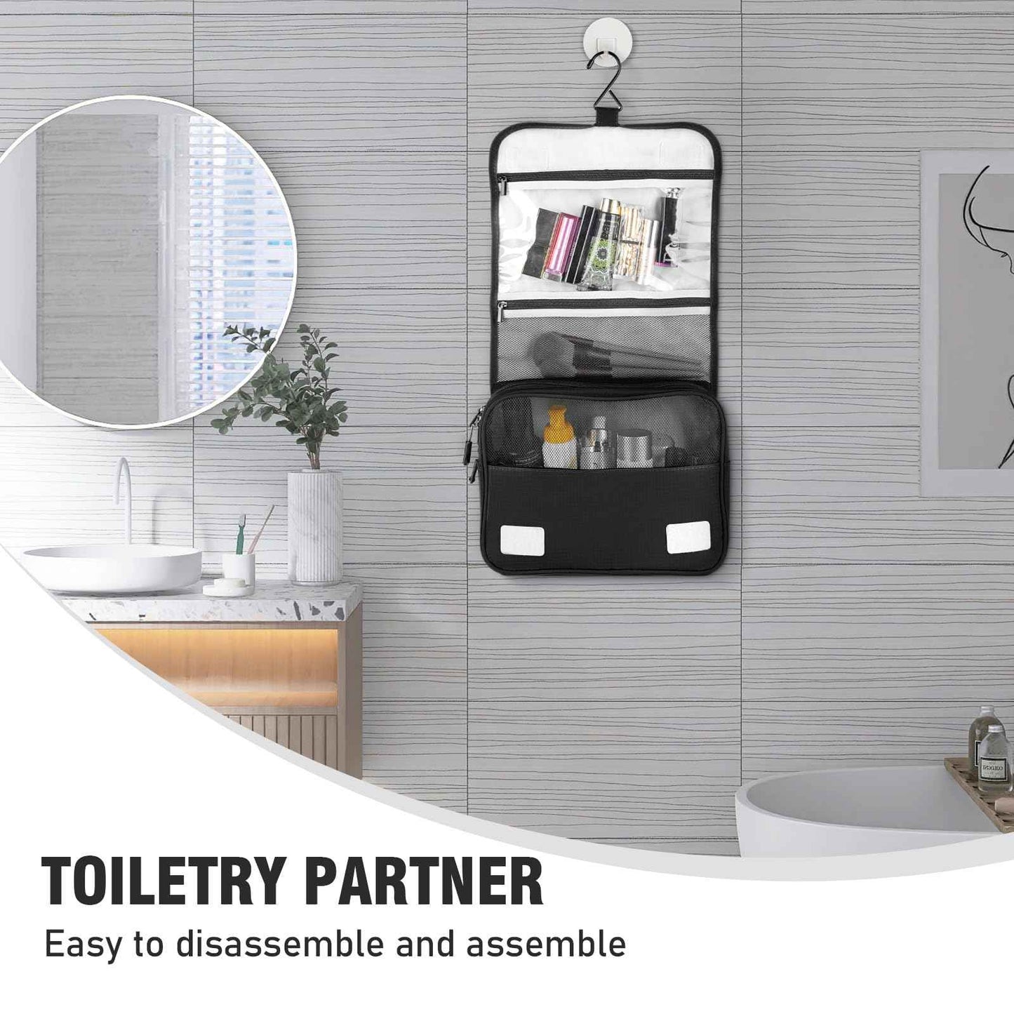 Playexen Hanging Travel Toiletry Bag, Portable Travel Cosmetic Organizer Bag for Women Men, Waterproof Toiletries Wash Bag with 4 Compartments & Hanging Hook (Black)