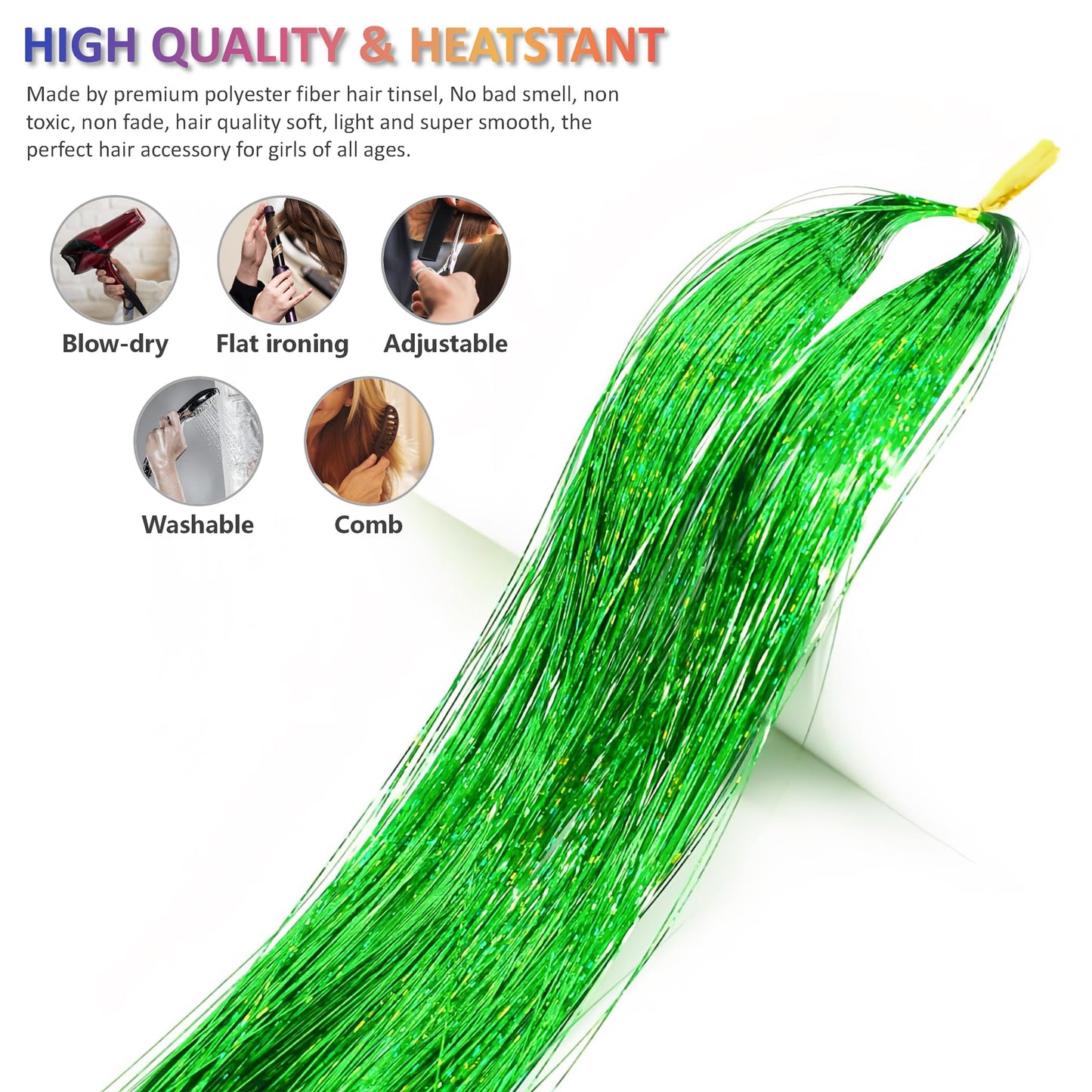 Fiwecos Green Hair Tinsel Kit 48 Inches 1200 Strands with Tools and Instruction Easy to Install Fairy Glitter Tinsel Hair Extensions for Women and Girls，Shinny Sparkling Braiding Hair Accessories