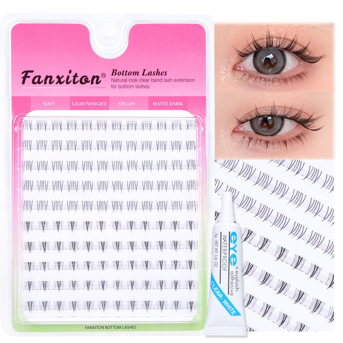 FANXITON Bottom Lash Extension Kit DIY Manga Lash Clusters with Lash Glue 6-7mm Natural 2 Style Lower Lashes 120Pcs Anime Eyelashes Cluster Kit