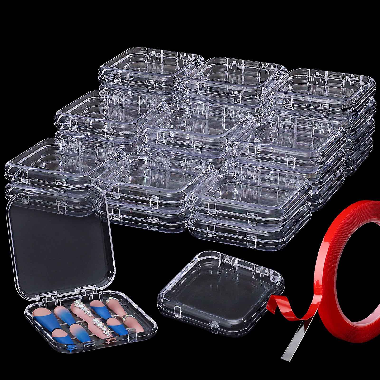 Noverlife 27 Set Press-On Nail Packaging Display Box w/ Adhesive Tape, 3x3" Clear Fake Nail Storage Container