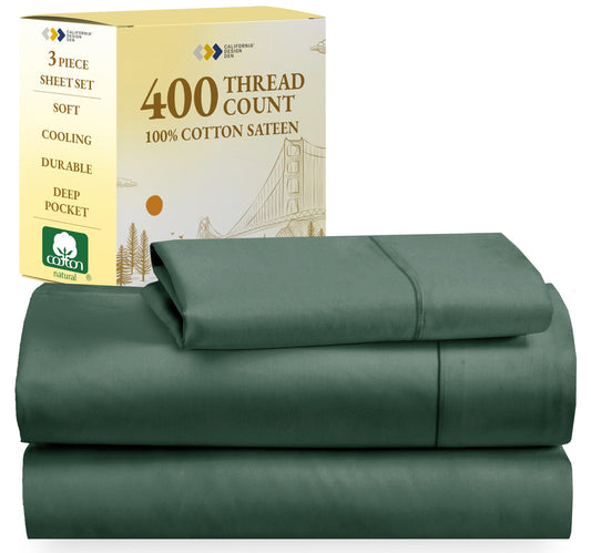 California Design Den Softest 100% Cotton Sheets, Twin Sheets Set, 400 Thread Count Sateen Bedding for Dorm Rooms & Adults, Deep Pocket Cooling Sheets, Twin Bed Sheets (Hunter Green)