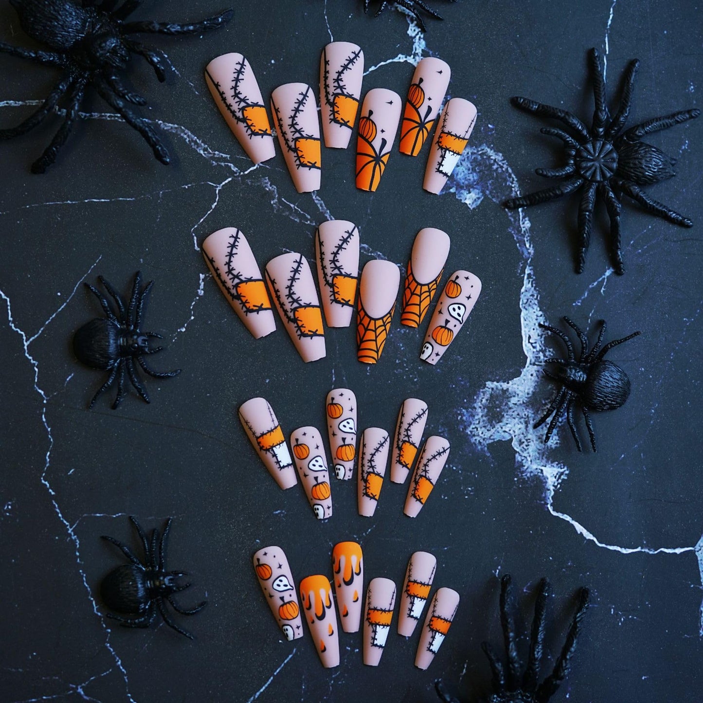 Halloween Press on Nails Long Coffin Fake Nails Orange Yellow False Nails with Designs Pumpkin Ghost Spider Web Glue on Nails Full Cover Coffin Acrylic Nails Stick on Nails for Women 24 PCS