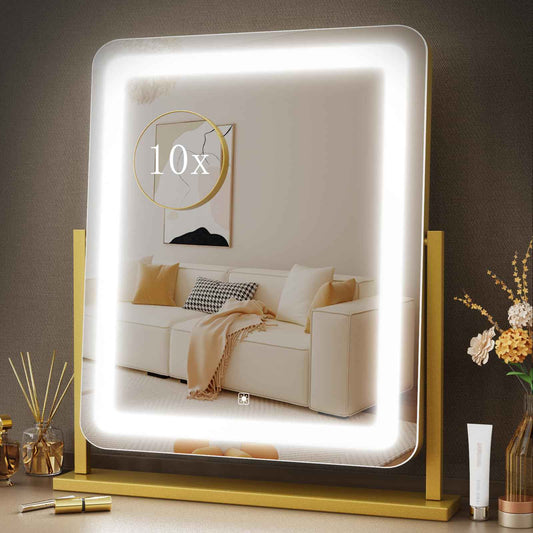 Lighted Makeup Mirror, Hollywood Vanity Mirror with Lights, Three Color Lighting Modes, and Detachable 10X Magnification Mirror, Smart Touch Control, 360°Rotation (15.2in. Gold)