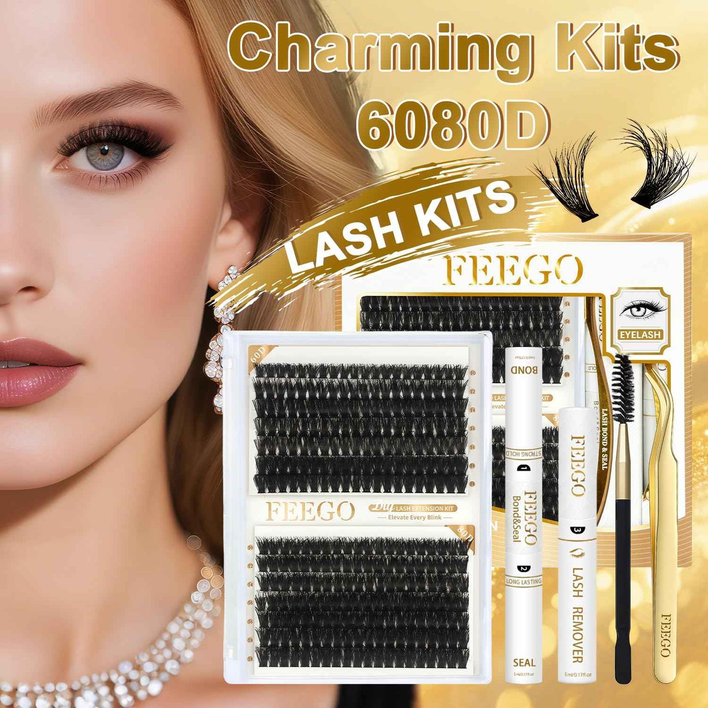 FEEGO Volume Lash Clusters Kit Eyelash Extensions Kit Lash Clusters DIY Lash 280pcs Individual Lashes Clusters 60D+80D D Curl Lashes, Double-headed mascara brush, Remover (6080D Charming Kit)