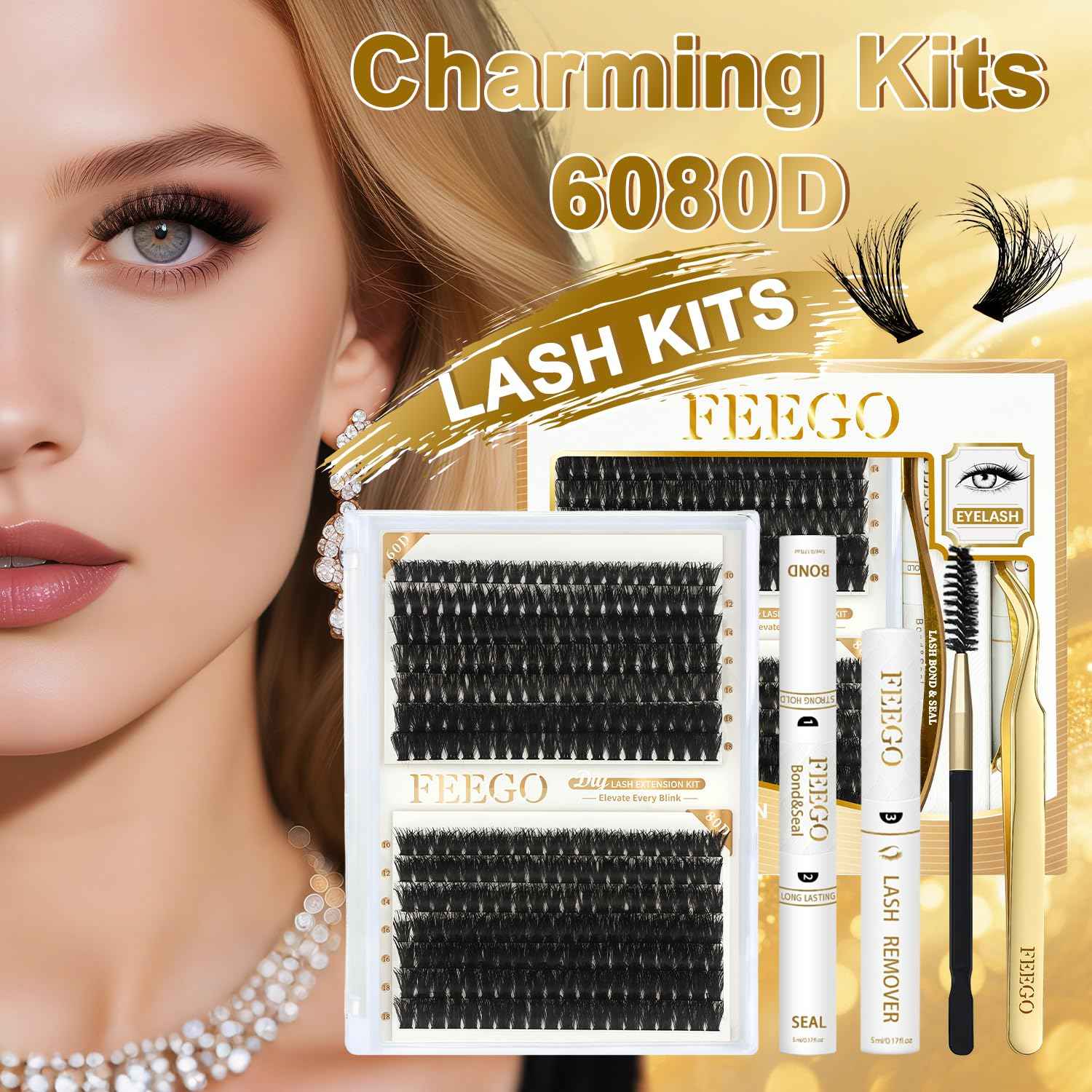 FEEGO Volume Lash Clusters Kit Eyelash Extensions Kit Lash Clusters DIY Lash 280pcs Individual Lashes Clusters 60D+80D D Curl Lashes, Double-headed mascara brush, Remover (6080D Charming Kit)