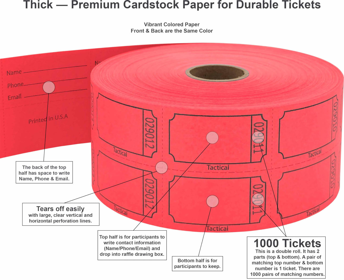 Tacticai 1000 Raffle Tickets, Blank, Red (8 Color Selection), Double Roll for Events, Entry, Class Reward, Fundraiser & Prizes