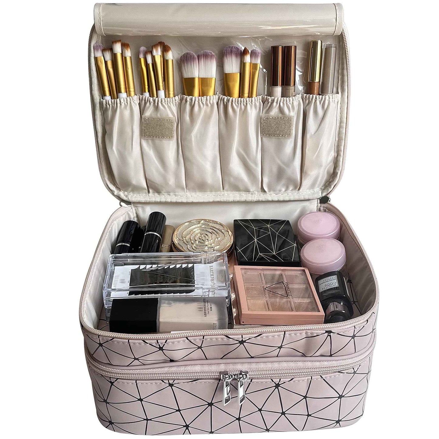 MKPCW makeup bag large Double-layer cosmetic bag with brush bag and divider (Pink+ three dividers)