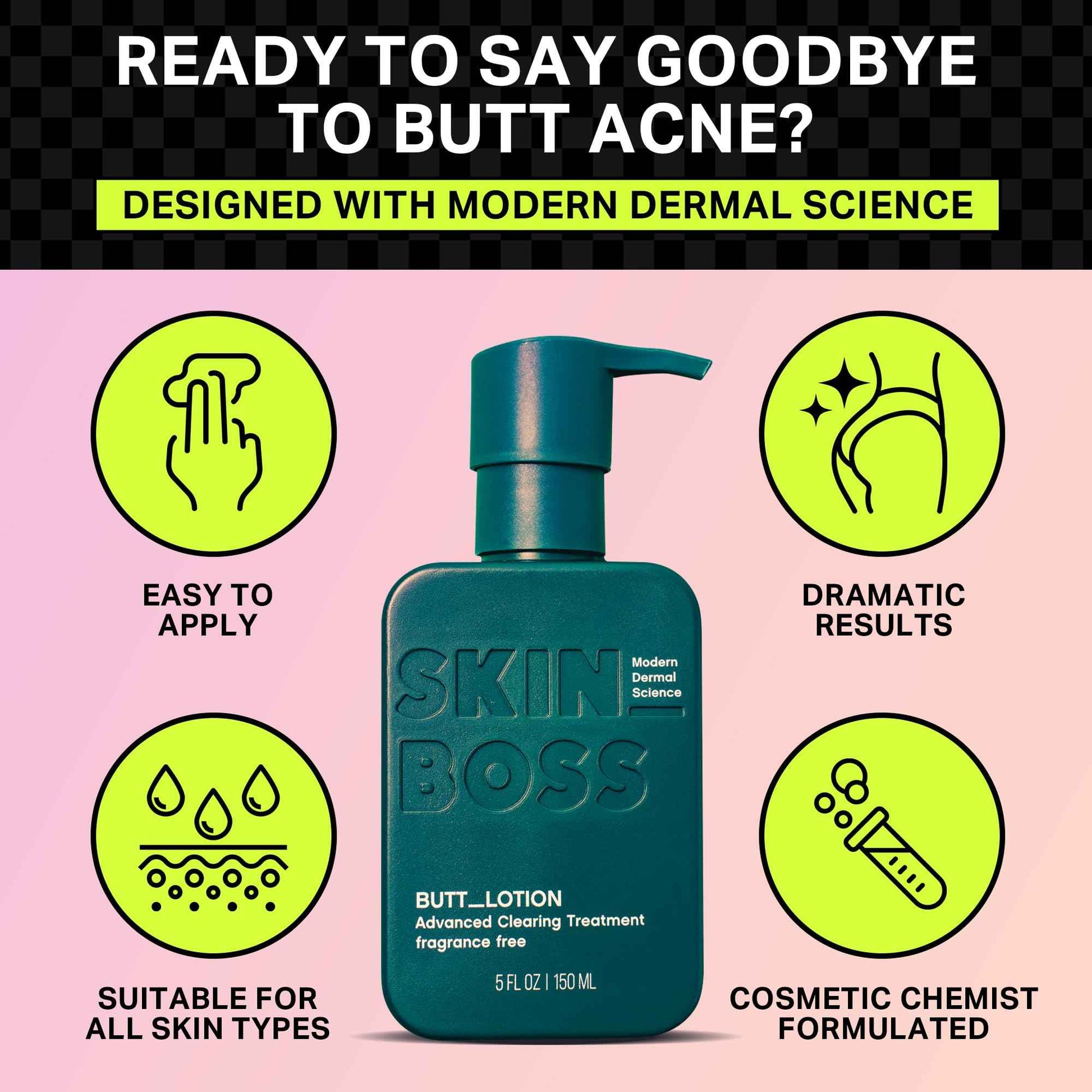 SKIN BOSS Anti-Blemish Body Lotion for Buttne, Back Acne, Inner Thighs & Chest, Targets Folliculitis, Scars & Dark Spots, Daily Use Hydrating Cream for Women & Men of All Skin Types, 5 Oz