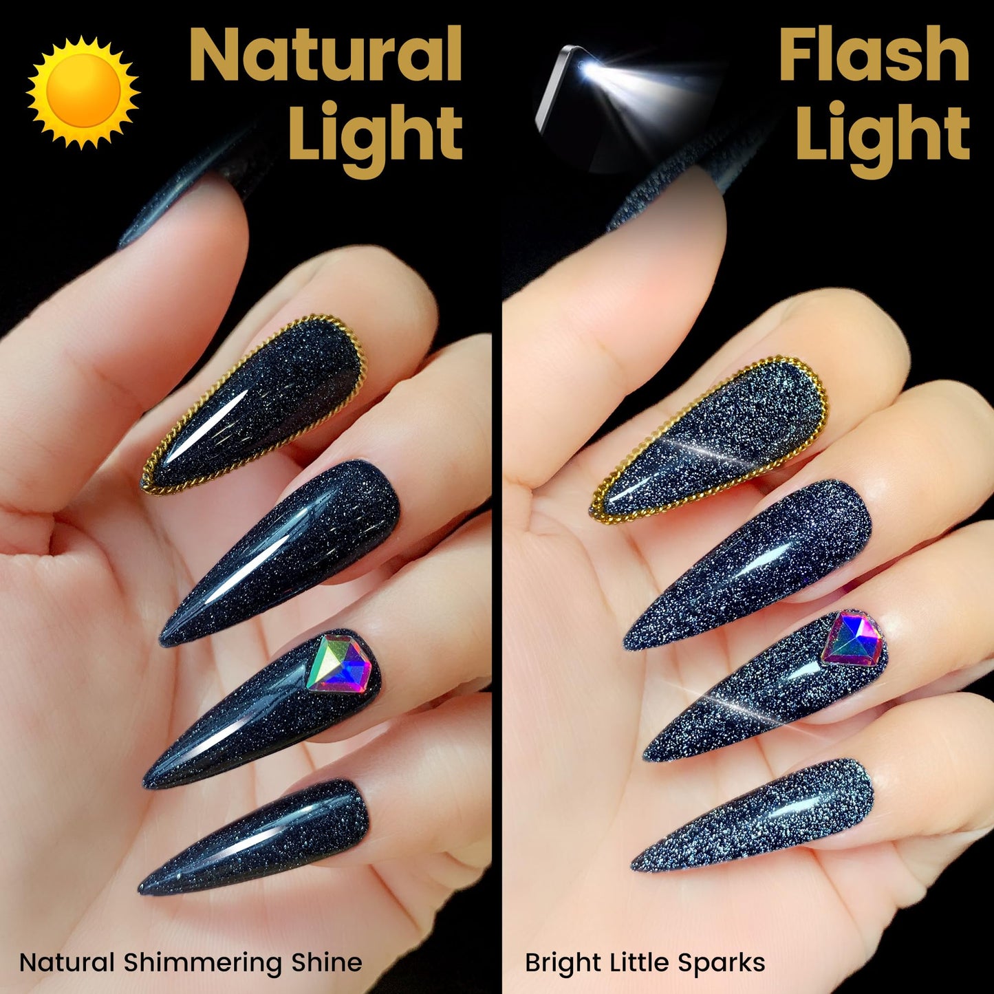 YTD Likomey Reflective Glitter Gel Nail Polish,15ml Black Flash Diamond Shimmer Nails Gel,Dark Blue Tone Black Sparkly Shiny Salon Home Nail Art Manicure UV Nail Gel,SZ010