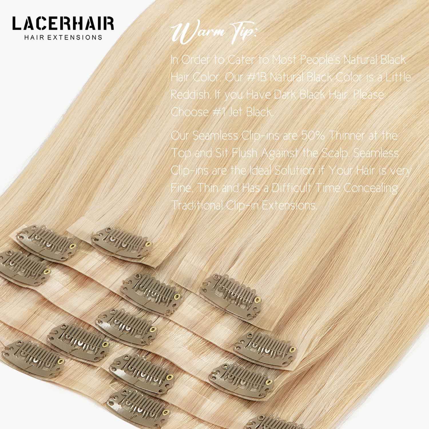 Lacer Hair 14 Inch 110g Seamless Hair Extensions Clip in Human Hair Dark Ash Blonde Mixed Platinum Blonde Invisible PU Skin Weft Straight Human Hair Highlight Color For Women