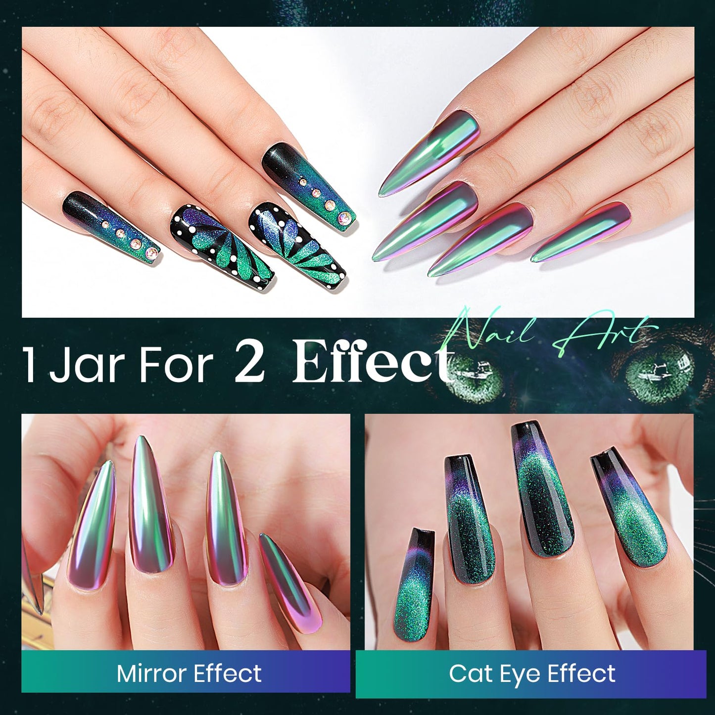 MIZHSE 9D Cat Eye Chrome Nail Powder Mirror Effect Green Magnetic Glitter Pigment Powder for Gel Nails Chameleon Cateye Magic Galaxy Nail Art Powder with Magnet