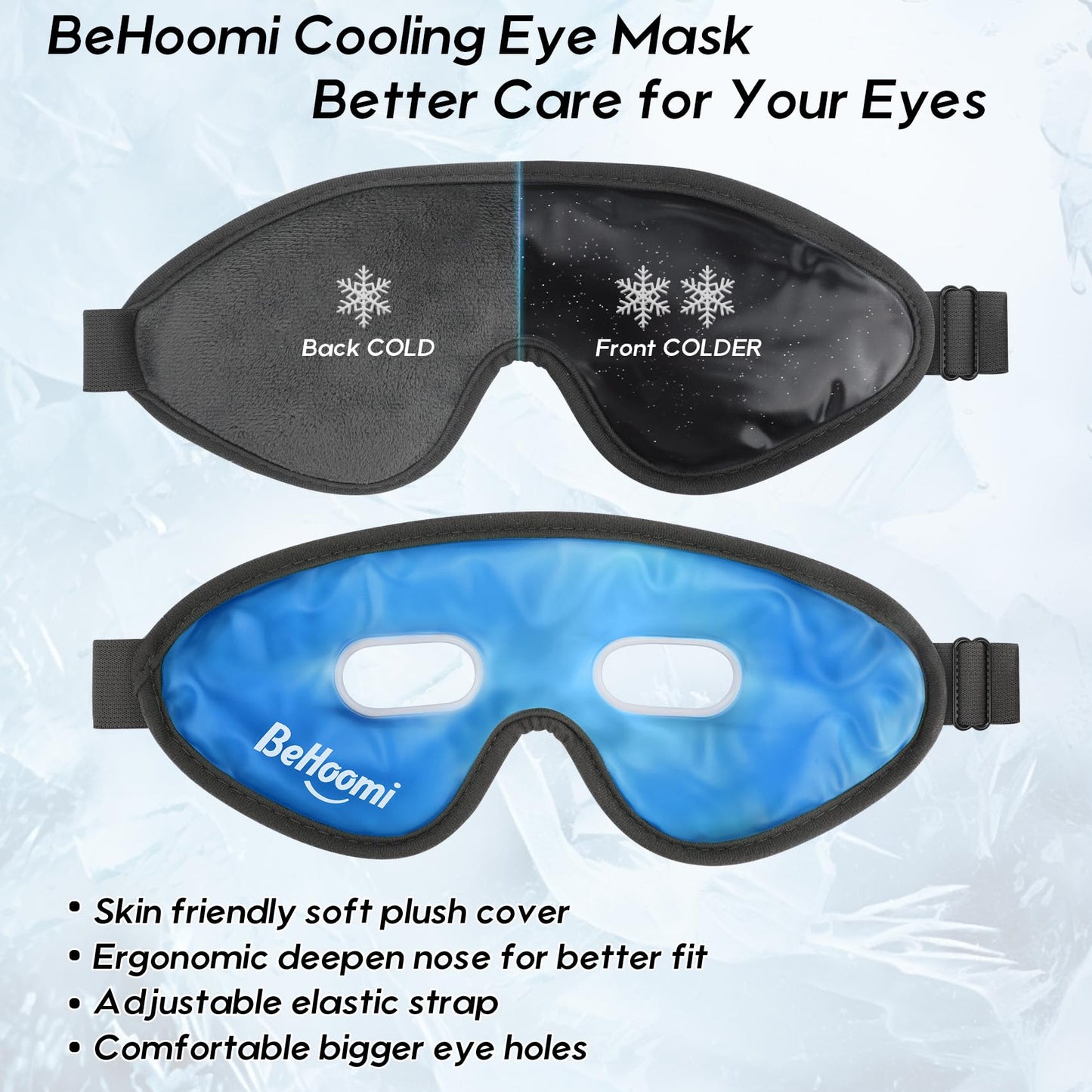 BeHoomi Cooling Eye Mask, Gel Eye Mask Cold Compress for Eyes, Reusable Eye Ice Pack, Cool Relaxation, Comfort Snug Fit, No Freeze, Eye Cover Ice Mask for Home, Office, 2PCS,Black & Blue