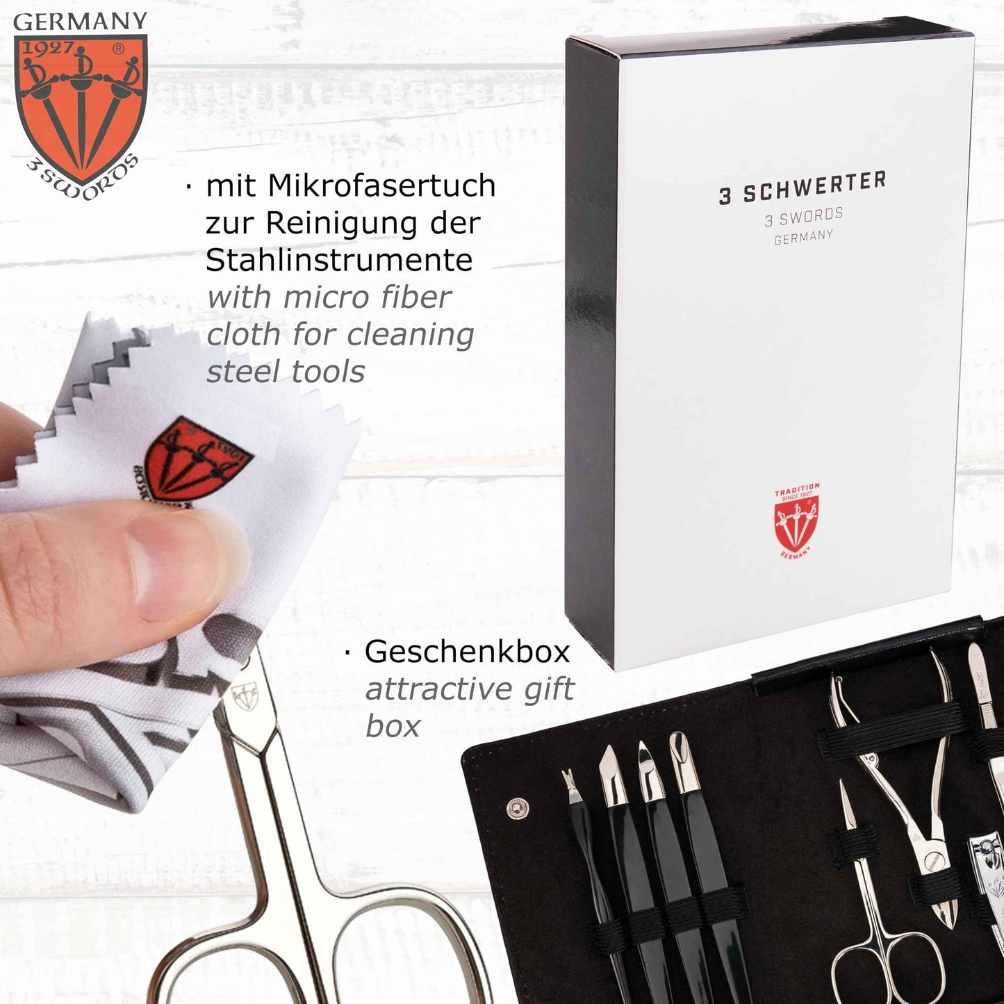 3 Swords Germany - brand quality 9 piece manicure pedicure grooming kit set for professional finger & toe nail care scissors clipper fashion leather case in gift box, Made in Solingen Germany (03584)