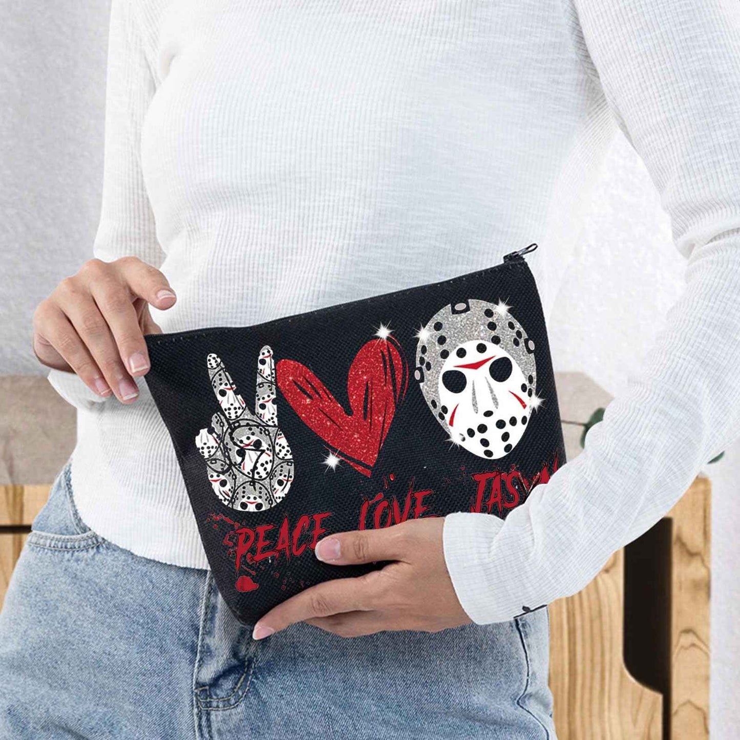 BWWKTOP Mask Slasher Cosmetic Makeup Bag Mask Fans Gifts Peace Love Zipper Pouch Bag Machete Killer Merchandise (PEACE JASON)