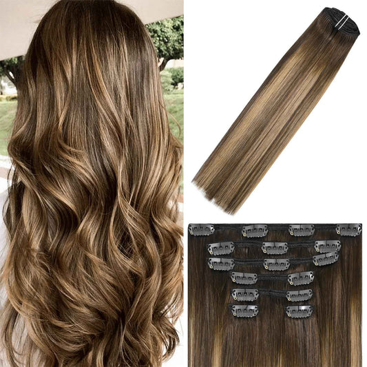 WindTouch Clip in Hair Extensions Real Human Hair Balayage Chocolate Brown To Dark Blonde Ombre Highlights for Brown Hair 12Inch 75g #4T27P4 7PCS