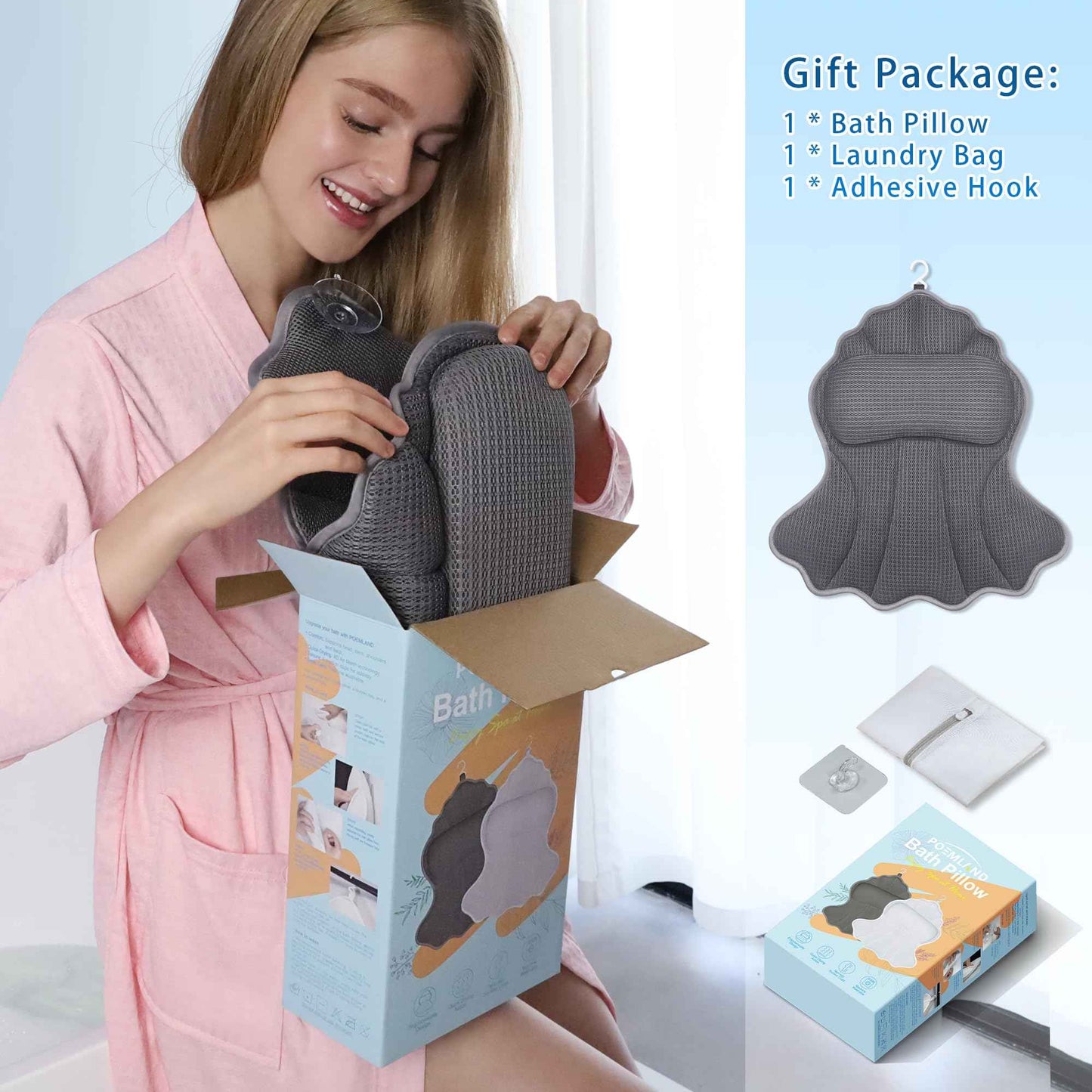 Poemland Bath Pillows for Tub, Luxury Bath Pillow Soft 4d Mesh, Bathtub Pillow with 6 Suction Cups, Ergonomic Bath Tub Pillows for Head and Neck, Bath Accessories for Women Relaxation Gifts (Grey)