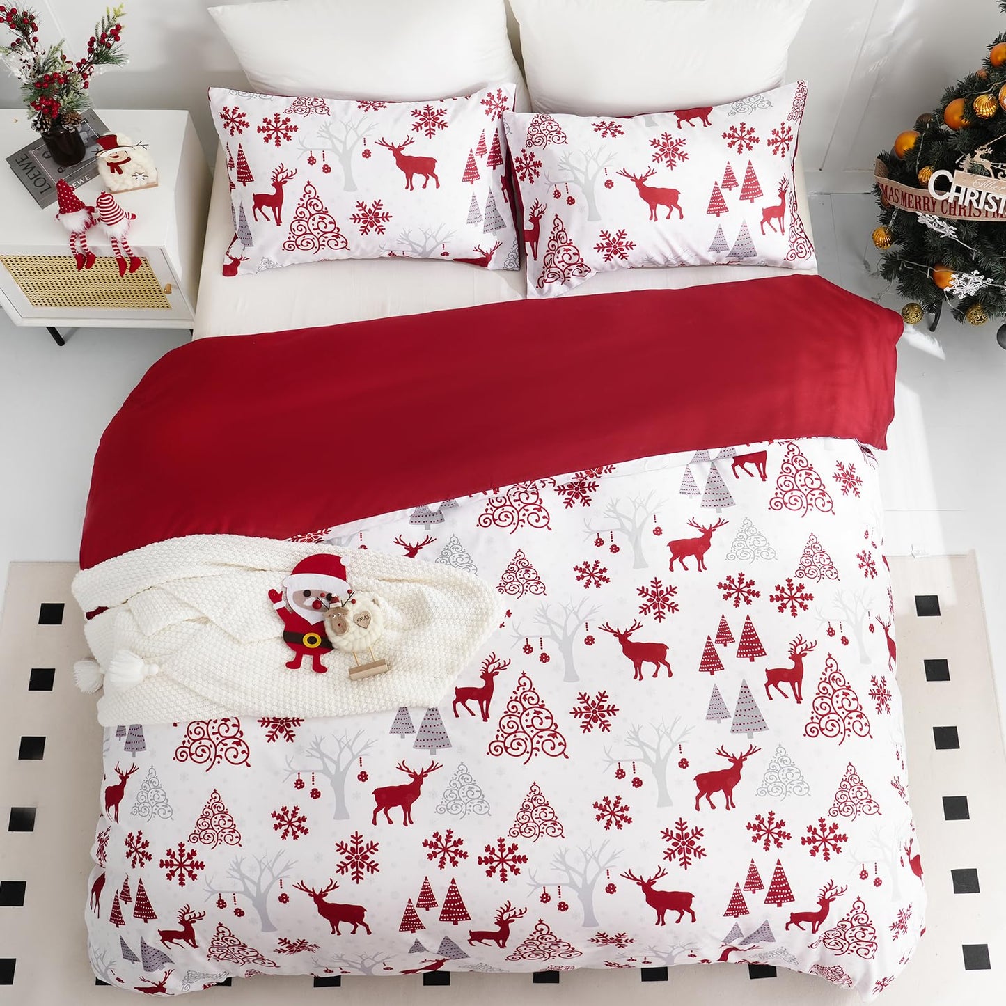 Christmas Duvet Cover Set King Reindeer Snowflakes Bedding Set Soft Microfiber Quilt Duvet Cover with 2 Pillowcases for Home Decoration