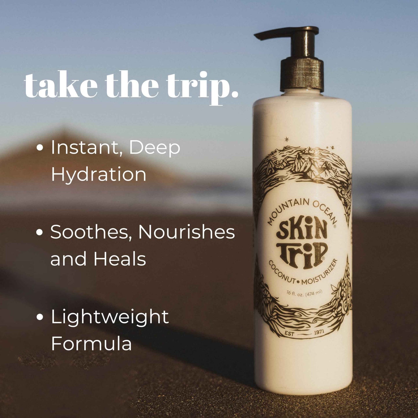 Mountain Ocean Skin Trip Coconut Body Lotion, 16 Oz Pump, Lightweight, Fast Asborbing Moisturizer for Women and Men, with Coconut Oil, Aloe Vera, & Lanolin