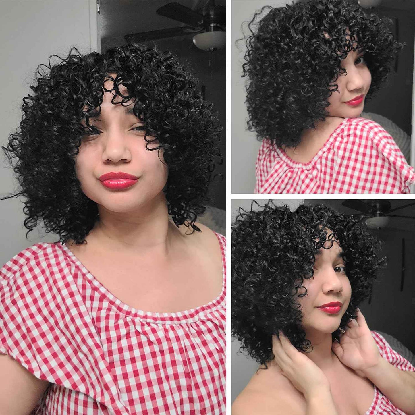 HUA 10 Inch Short Curly Wigs for Black Women Glueless Kinky Curly NO Lace Wig Beginner Friendly Curly Afro Wigs for Women Wear and Go Glueless Wig Natural Black Color 150% Density