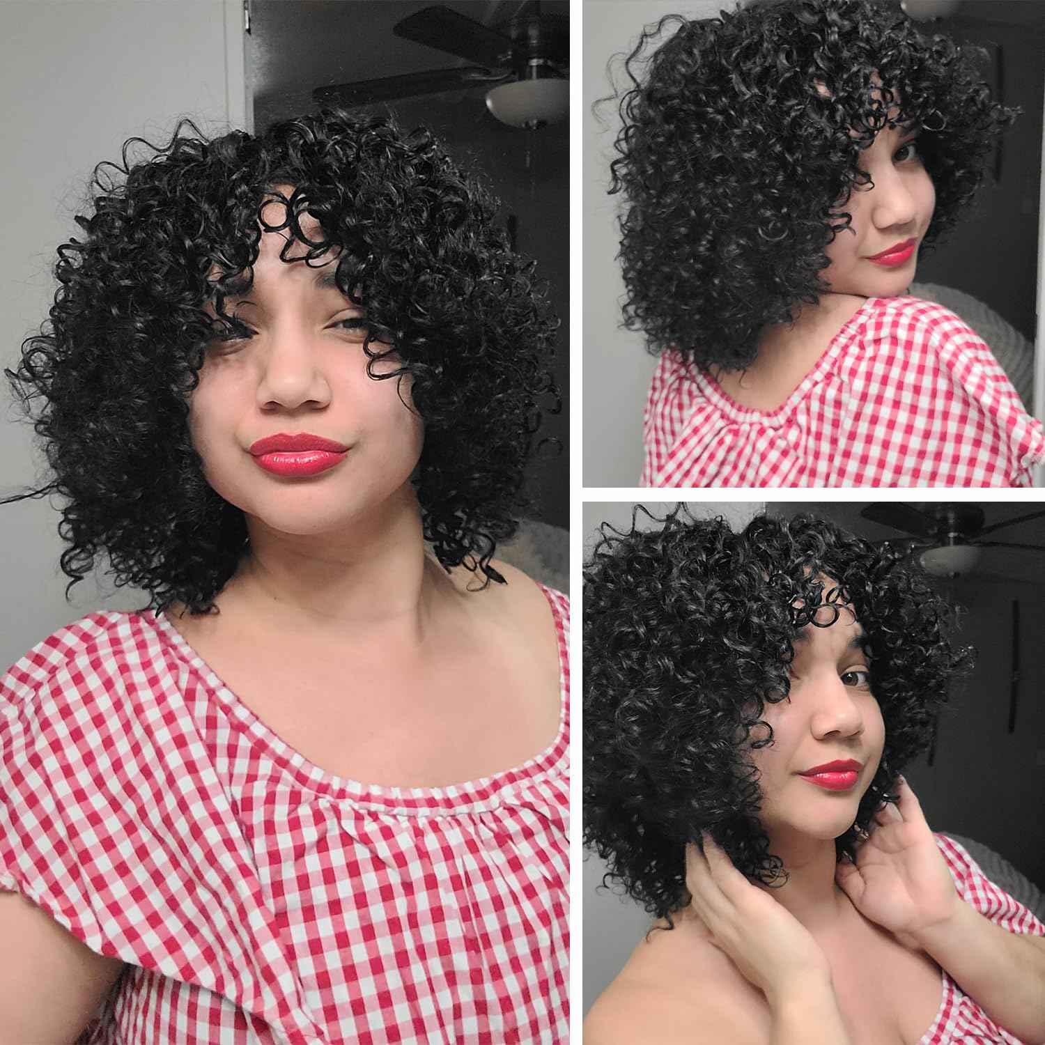 HUA 10 Inch Short Curly Wigs for Black Women Glueless Kinky Curly NO Lace Wig Beginner Friendly Curly Afro Wigs for Women Wear and Go Glueless Wig Natural Black Color 150% Density