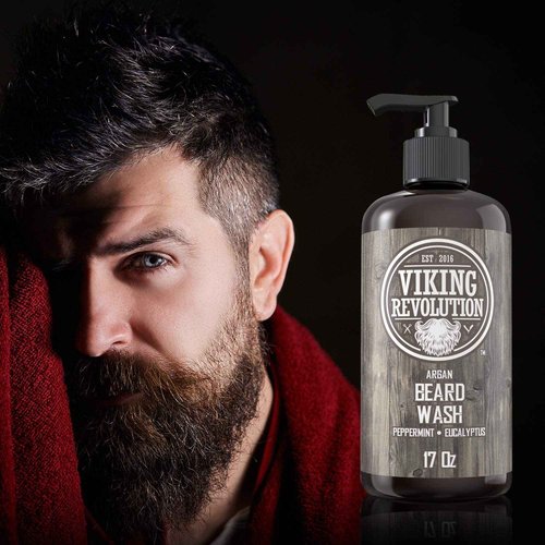 Beard Wash Shampoo w/Argan & Jojoba Oils - Softens & Strengthens - Natural Peppermint and Eucalyptus Scent - Beard Shampoo w/Beard Oil (17 oz Shampoo)