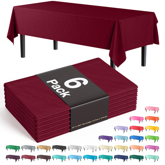 Exquisite 6-Pack Premium Plastic Tablecloth 54in. x 108in. Rectangle Plastic Table Cover - Burgundy