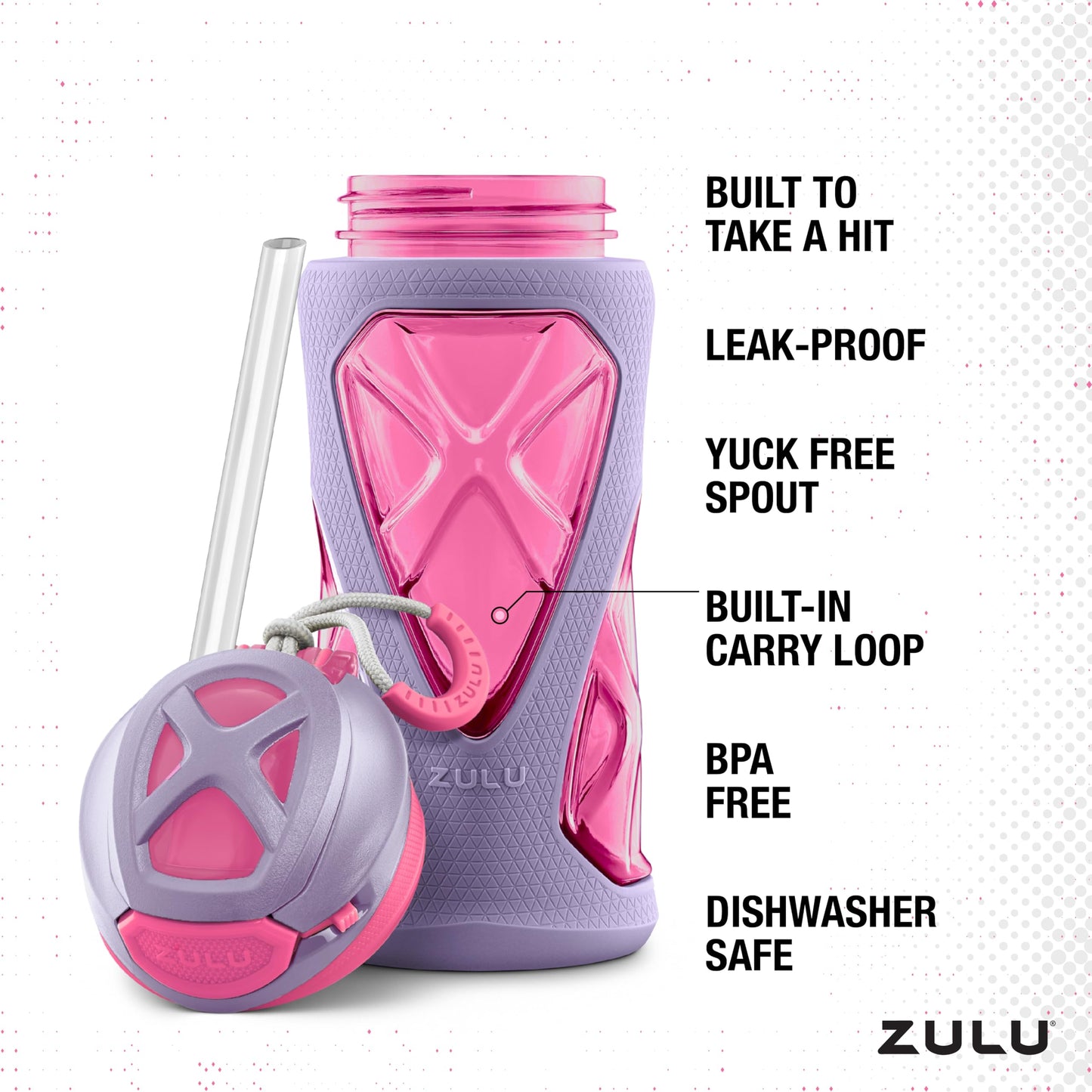 ZULU Torque 2 Pack 16oz Plastic Kids Water Bottle with Silicone Sleeve and Leak-Proof Locking Flip Lid, Soft Touch Carry Loop for School Backpack, Lunchbox, BPA-Free Dishwasher Safe, Pink